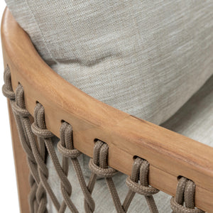 Bologna teak outdoor lounge chair with grey rope woven sides and light grey seat and back cushions. Closeup view.