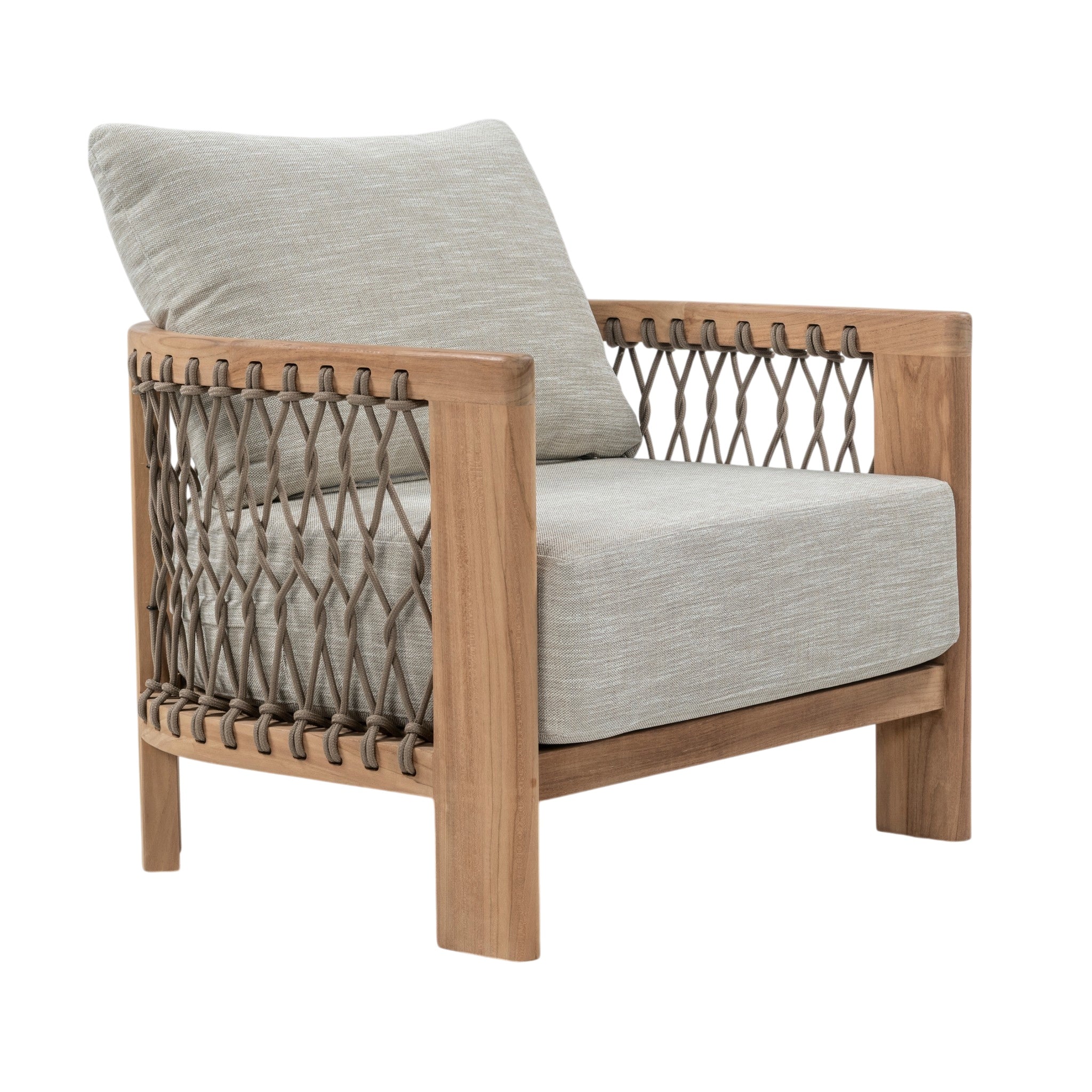Bologna teak outdoor lounge chair with grey rope woven sides and light grey seat and back cushions. Front angle view.