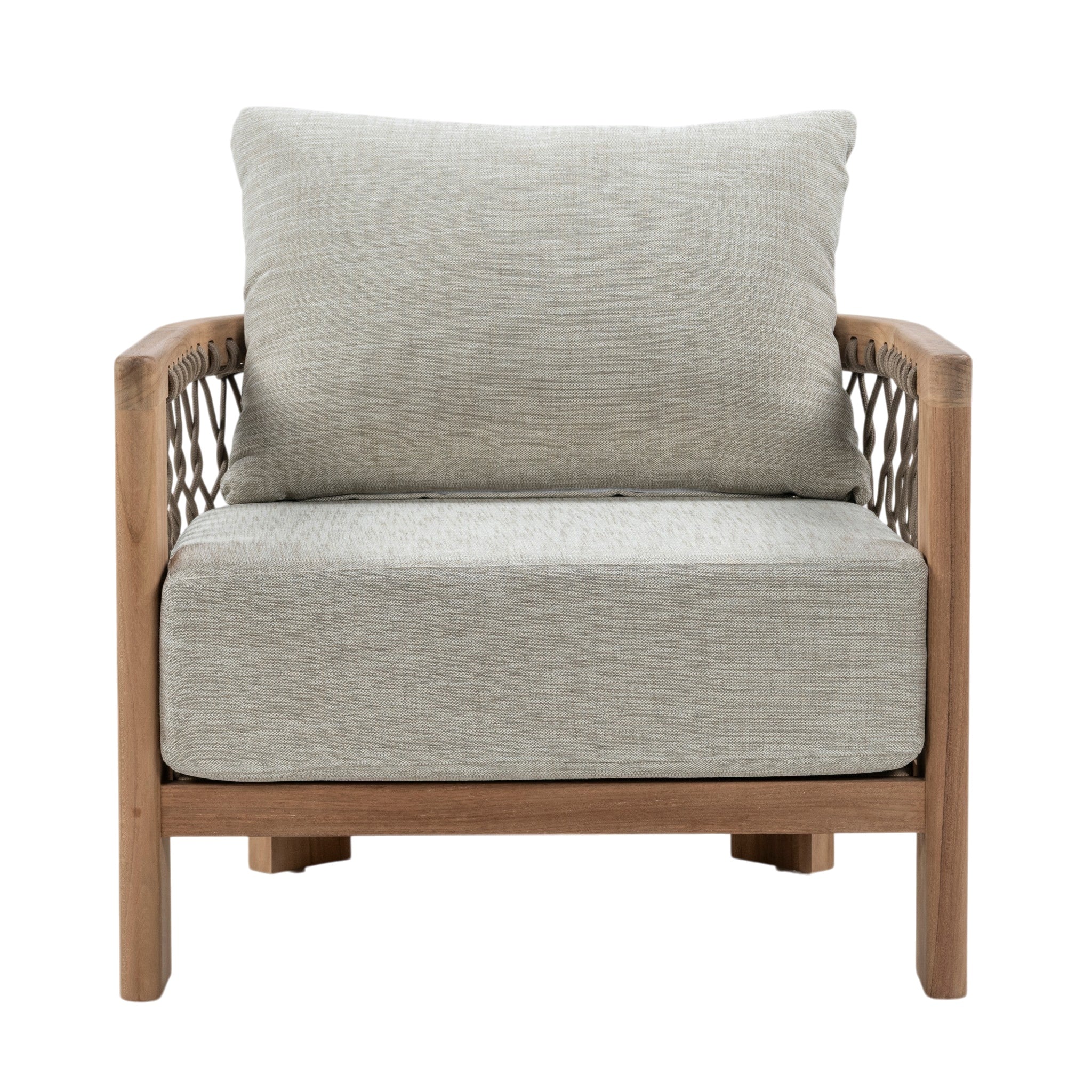 Bologna teak outdoor lounge chair with grey rope woven sides and light grey seat and back cushions. Front view.