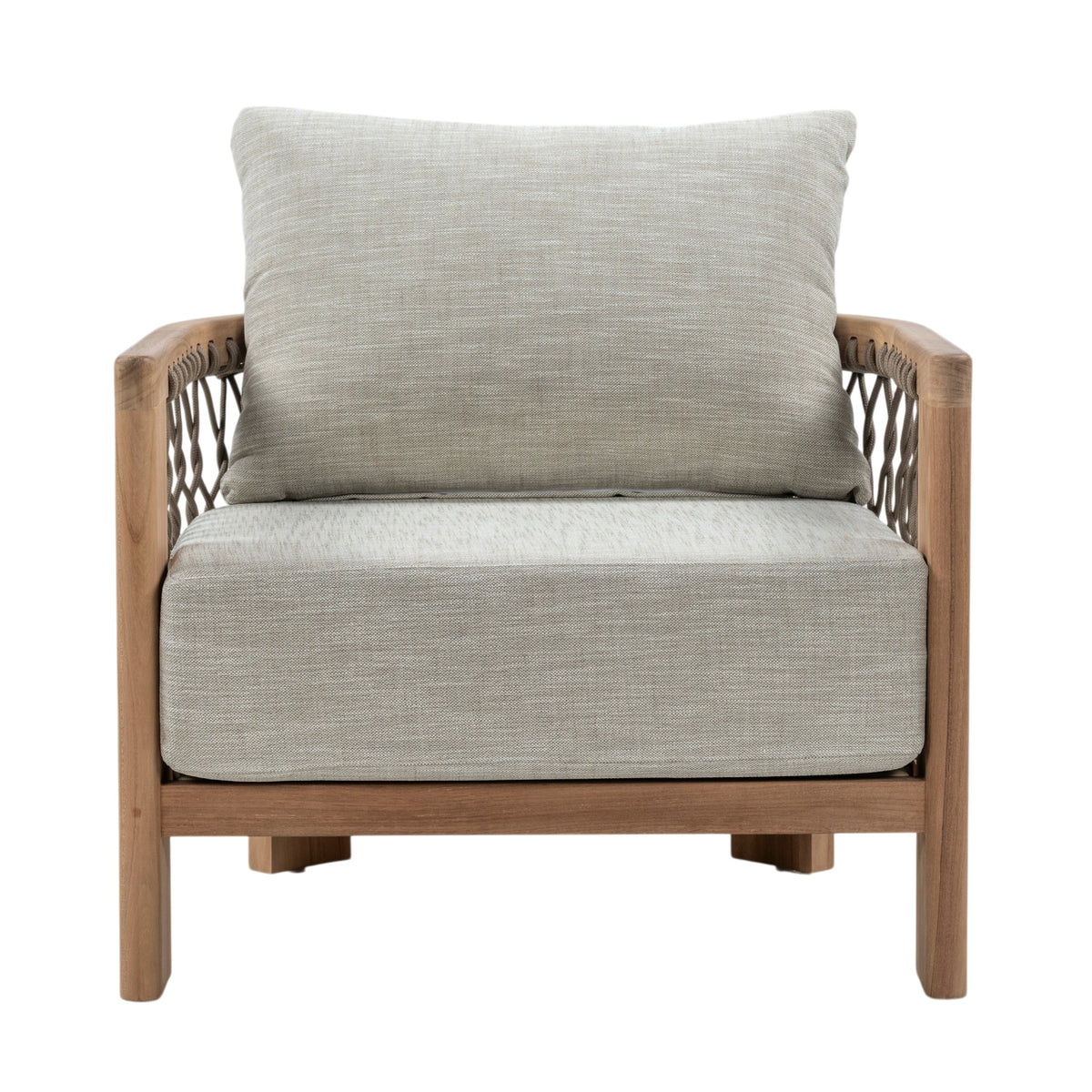 Bologna teak outdoor lounge chair with grey rope woven sides and light grey seat and back cushions. Front view.