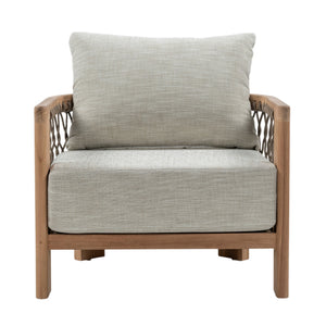 Bologna teak outdoor lounge chair with grey rope woven sides and light grey seat and back cushions. Front view.