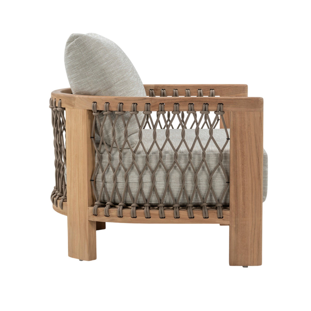 Bologna teak outdoor lounge chair with grey rope woven sides and light grey seat and back cushions. Side view.