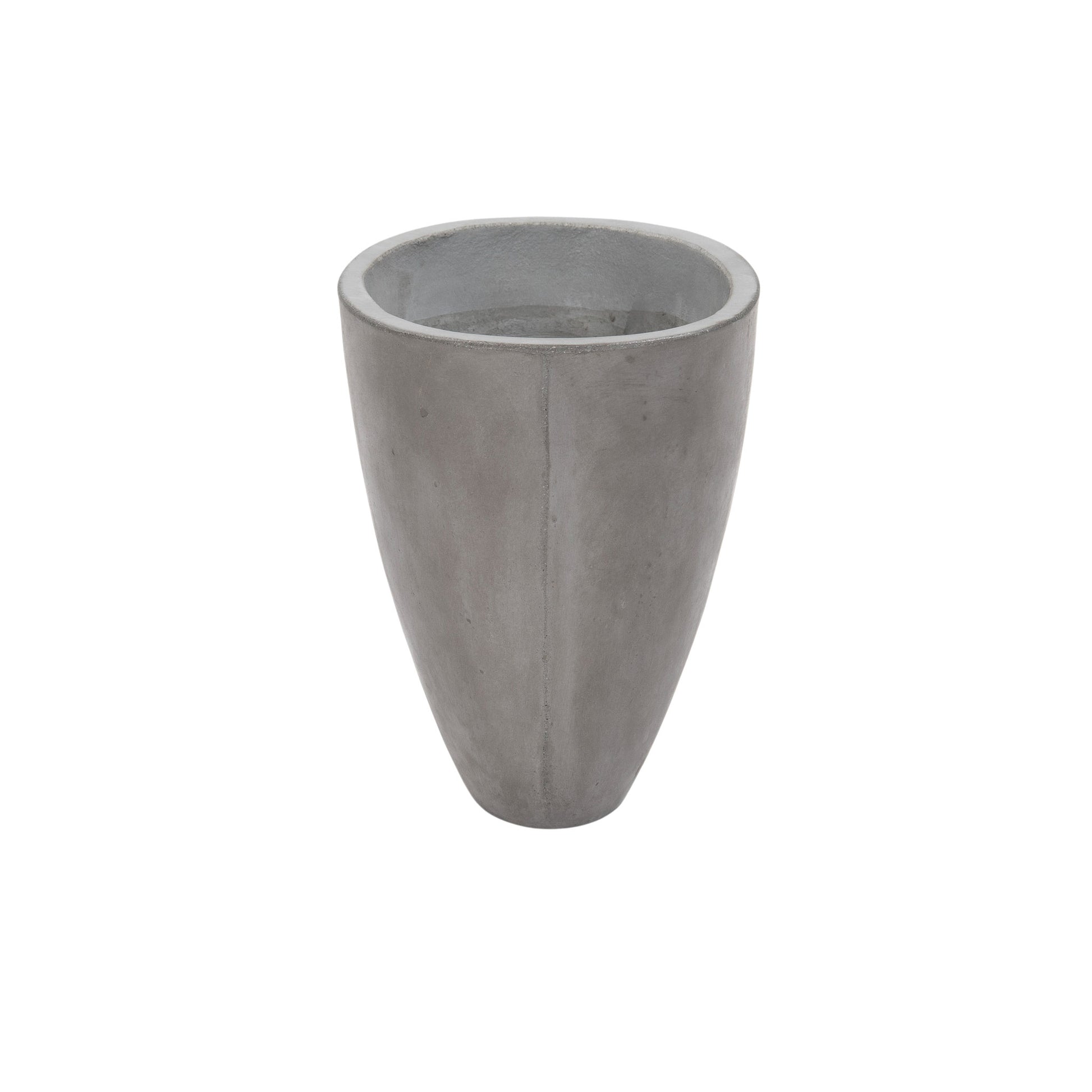 Small sized Brooklyn oval concrete planter. Grey coloured. Front angle view.