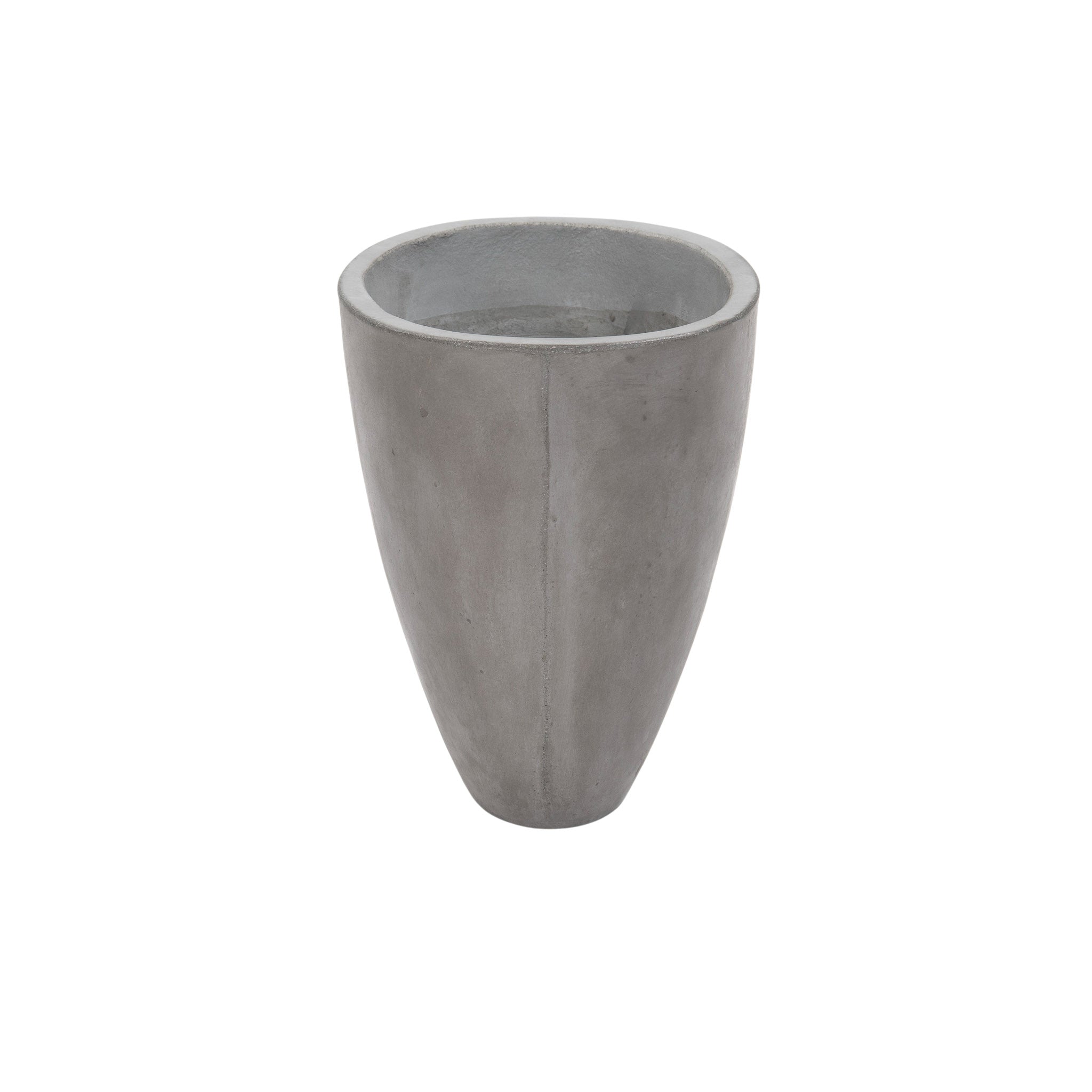 Small sized Brooklyn oval concrete planter. Grey coloured. Front angle view.