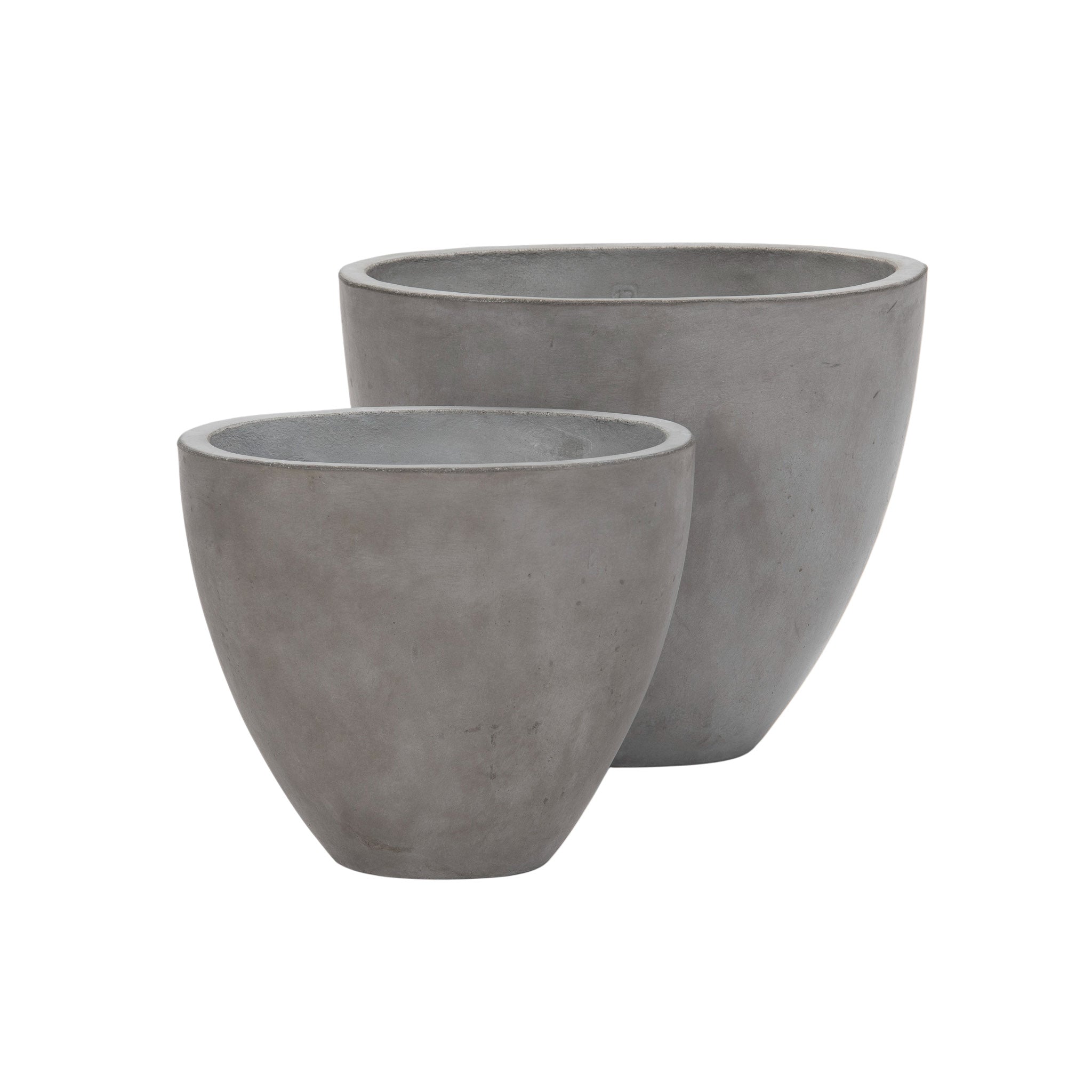 Large and medium sized Brooklyn oval concrete planters side by side on white background. Front facing view.
