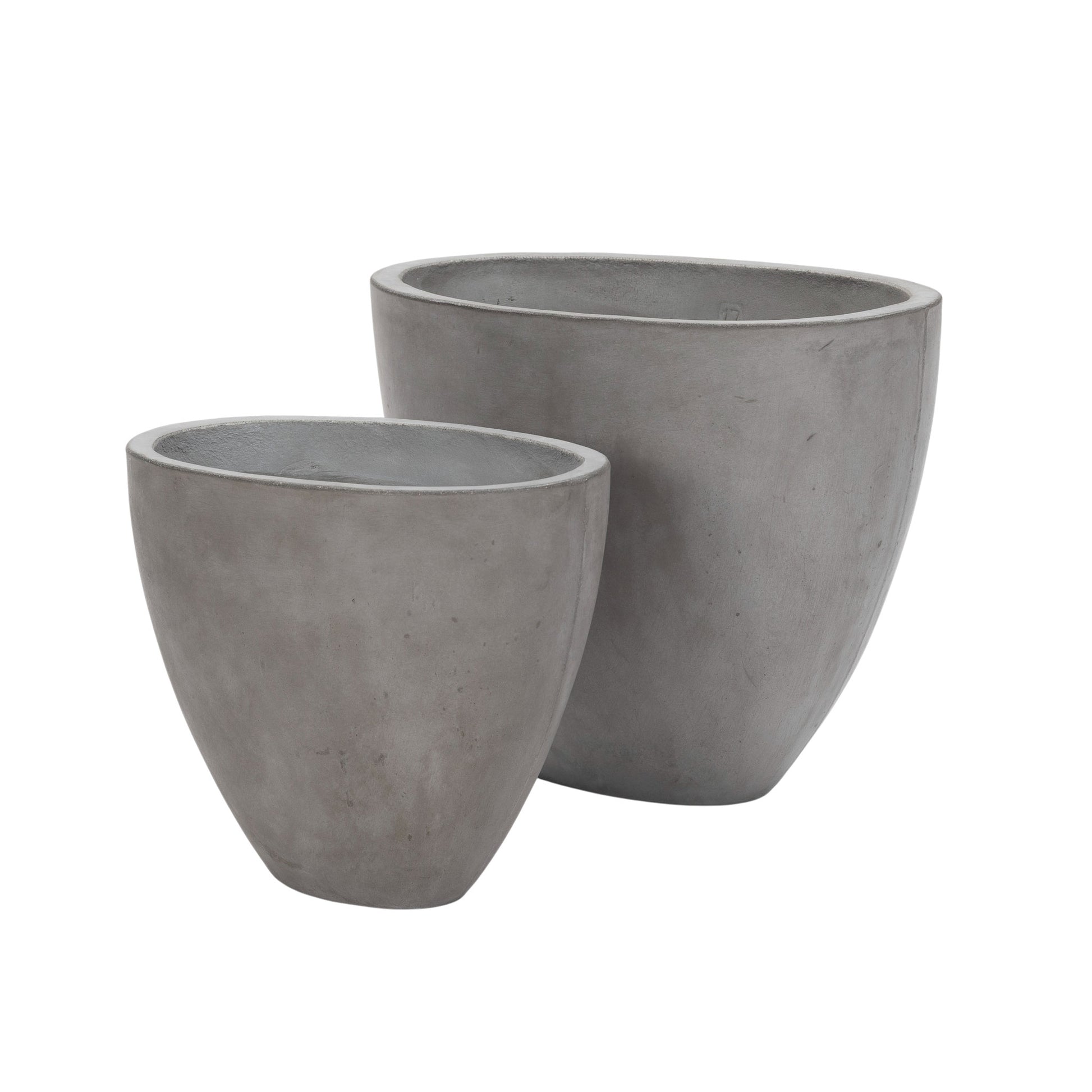 Large and medium sized Brooklyn oval concrete planters side by side on white background.