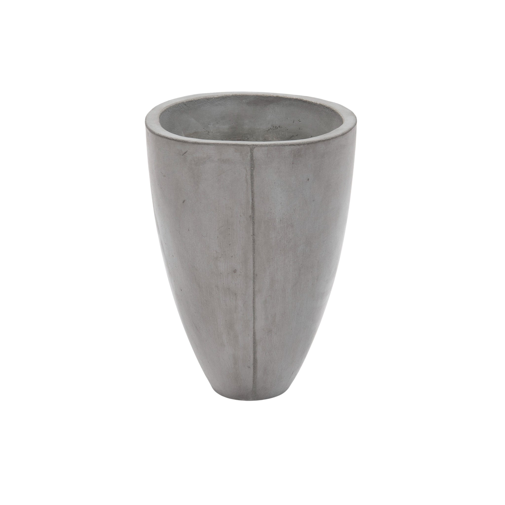 Small sized Brooklyn oval concrete planter. Grey coloured. Side view.
