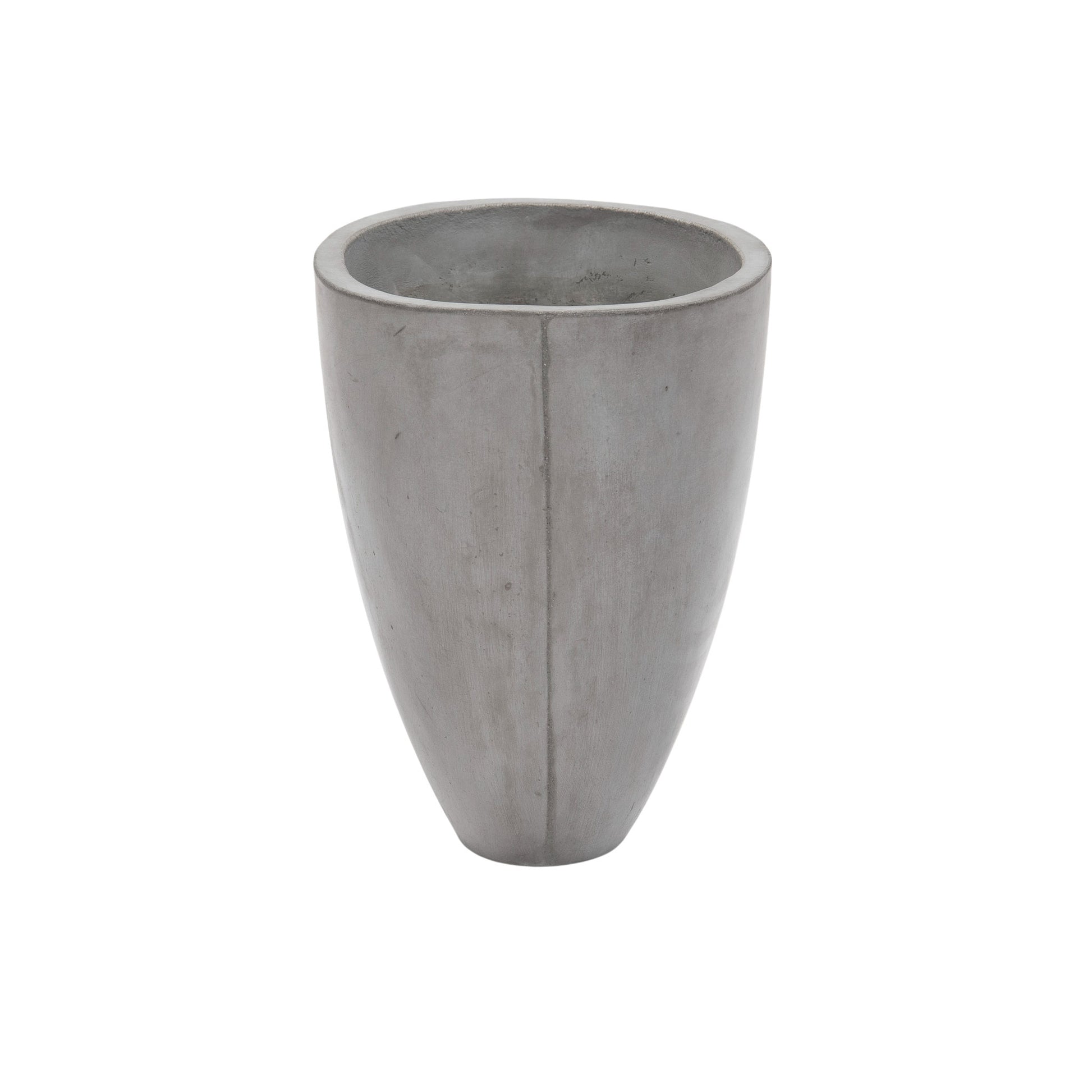 Small sized Brooklyn oval concrete planter. Grey coloured. Side view.