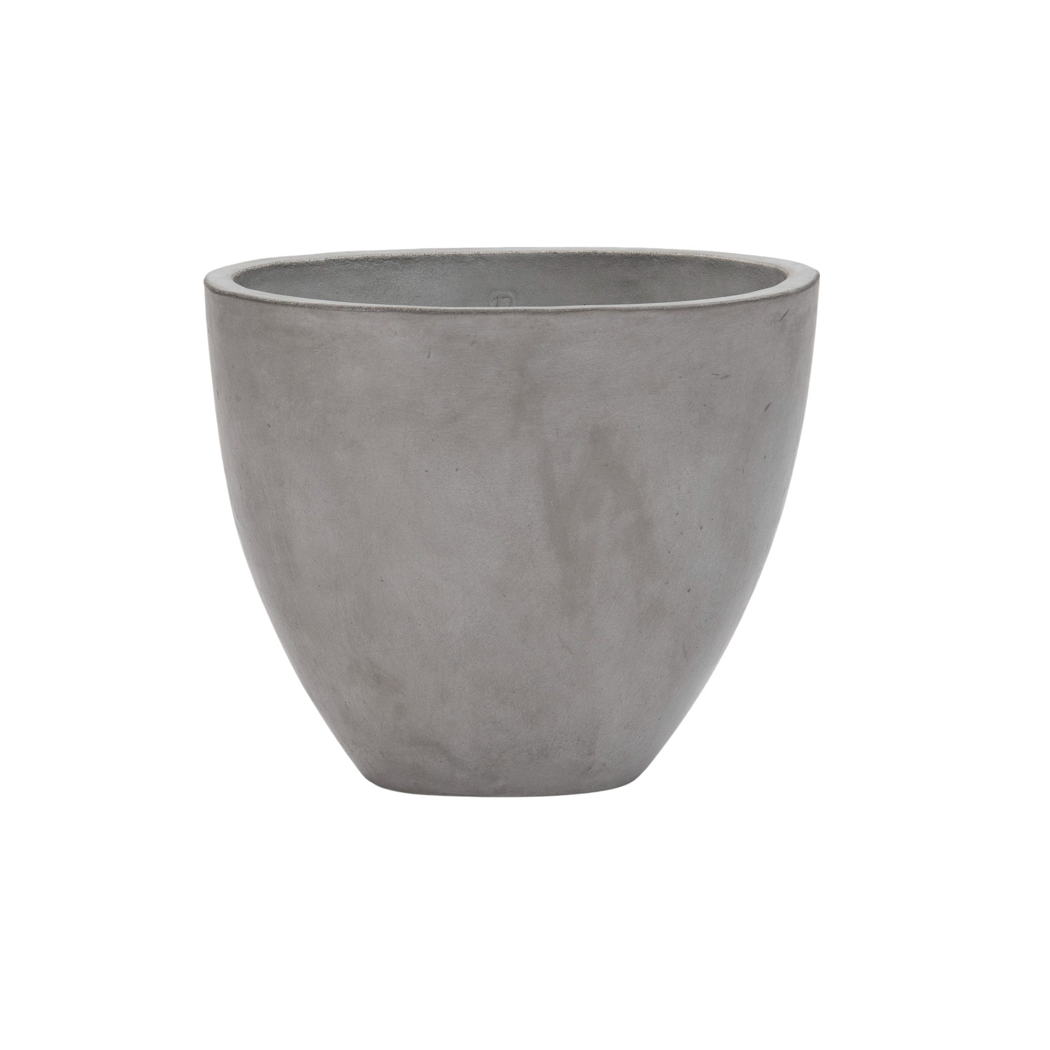 Large Brooklyn oval concrete planter. Grey coloured. Front view.