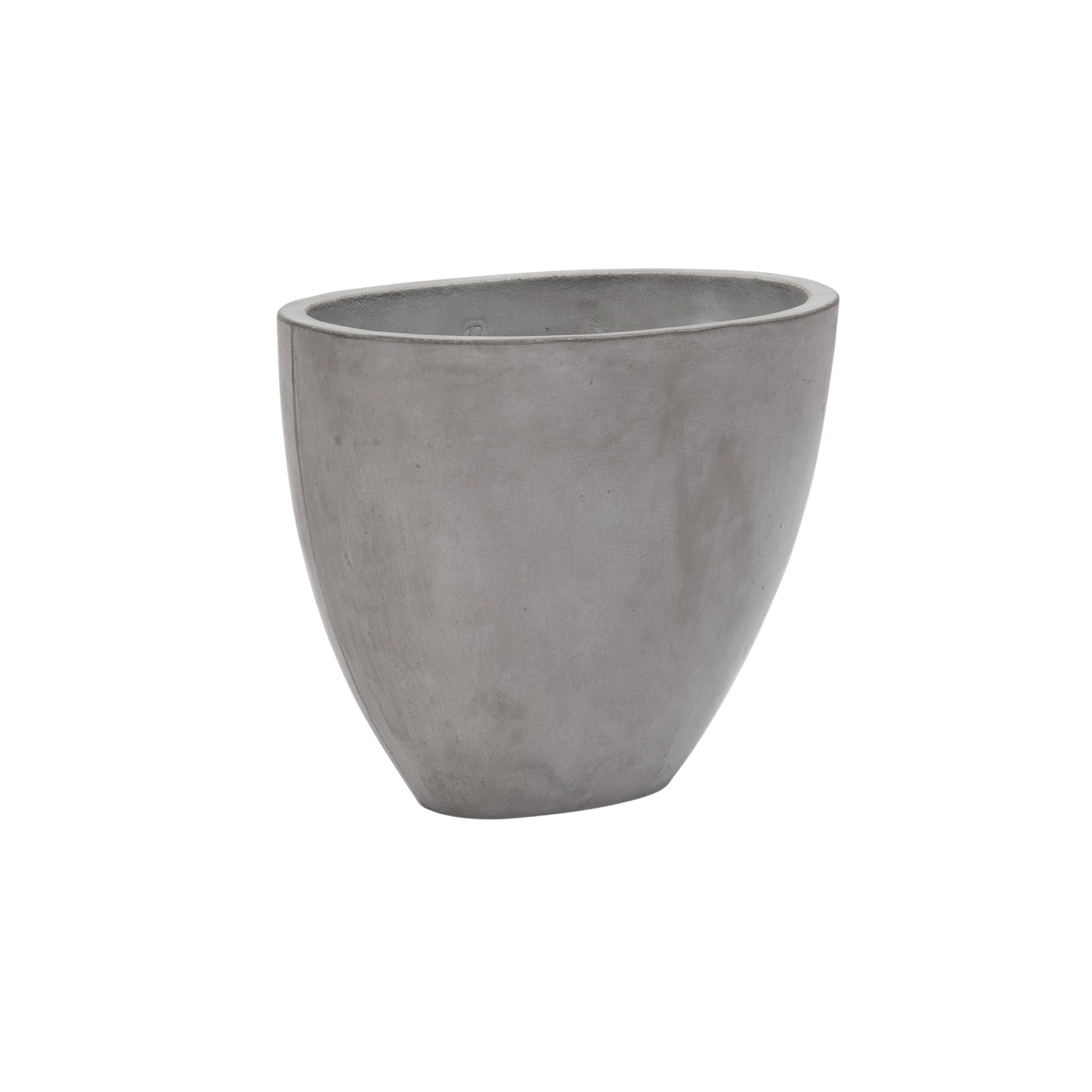 Brooklyn oval concrete planter. Grey coloured. Front angle view.