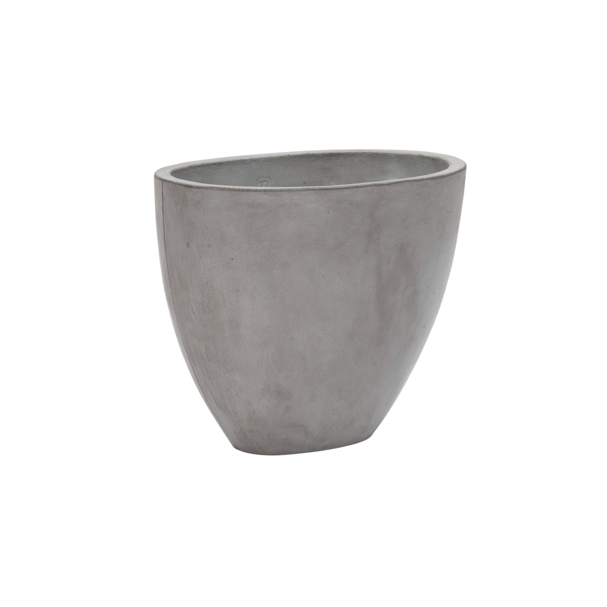 Brooklyn oval concrete planter. Grey coloured. Front angle view.
