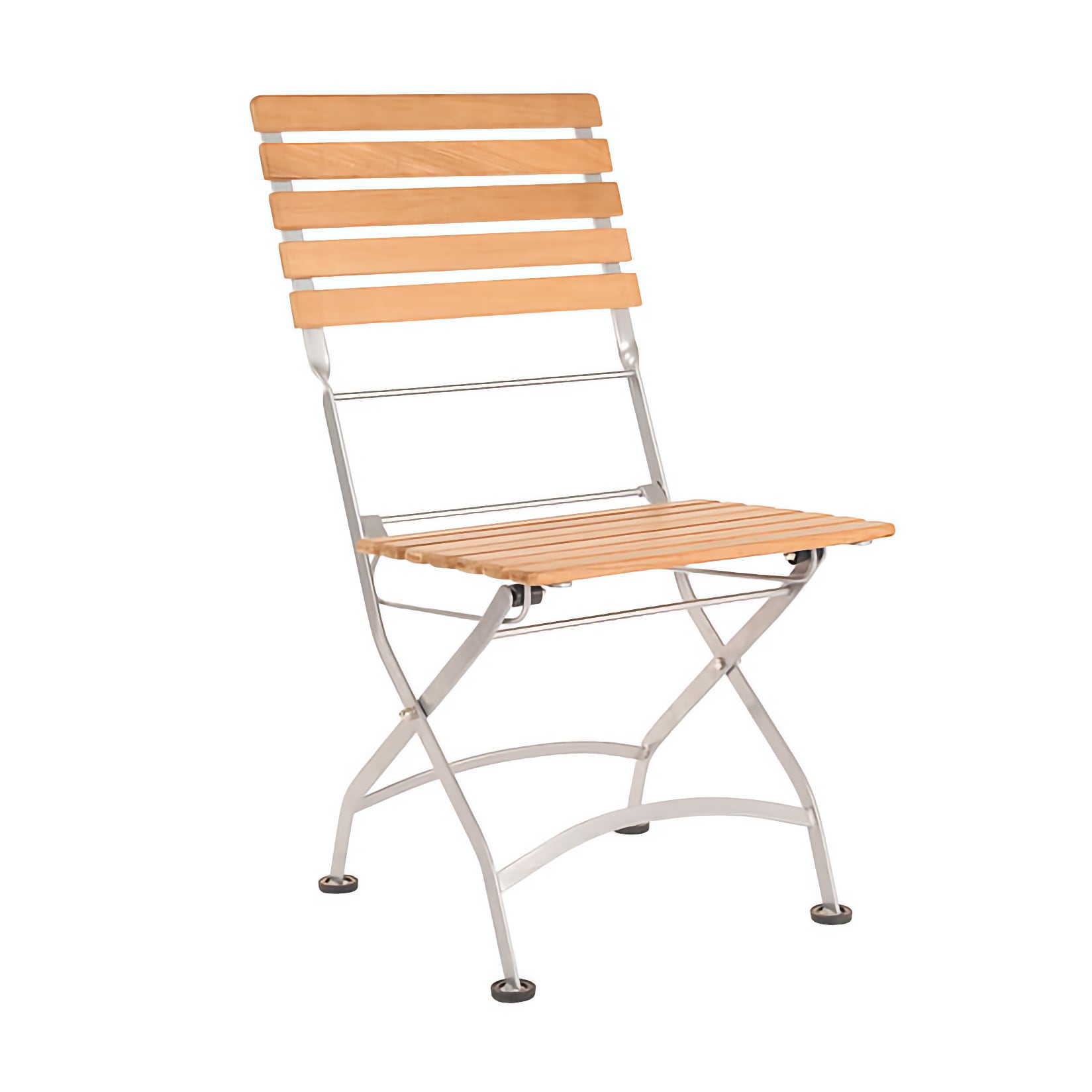 Front view of an outdoor folding dining chair with an iron frame and teak wood seat and back