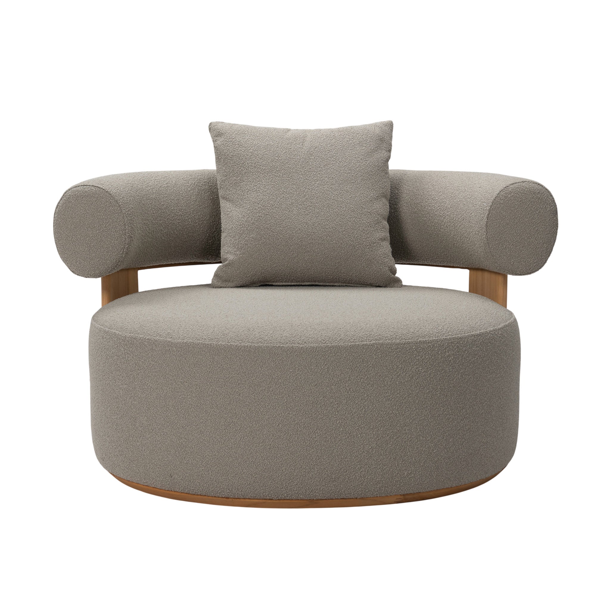 Cap Ferrate teak lounge chair with round seating and round back rest with teak wood frame covered in plush cushion fabric and included pillow cushion.