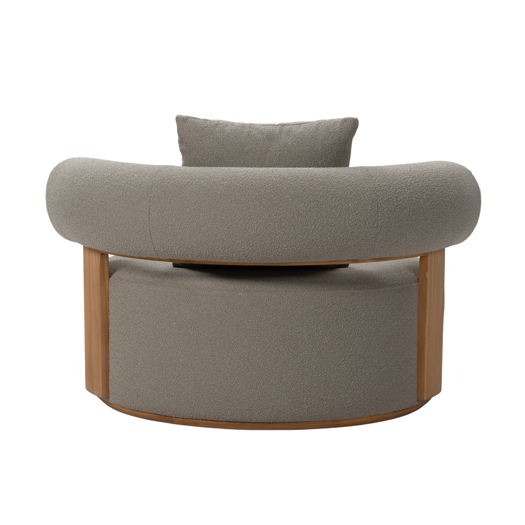 Cap Ferrat teak lounge chair rear view of round back and seating. Showing plush seating cushion and a single back rest pillow. 