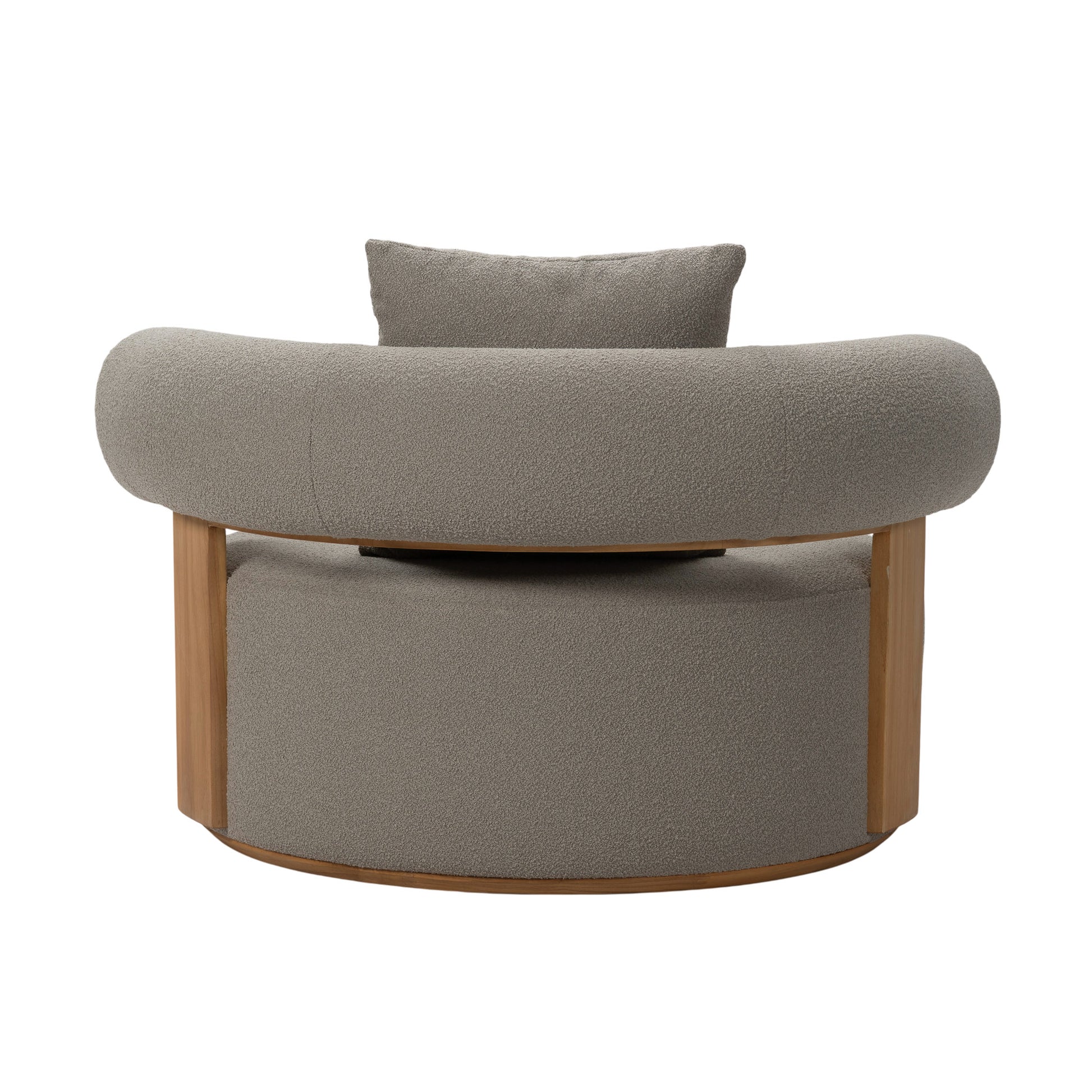 Cap Ferrat teak lounge chair rear view of round back and seating. Showing plush seating cushion and a single back rest pillow. 