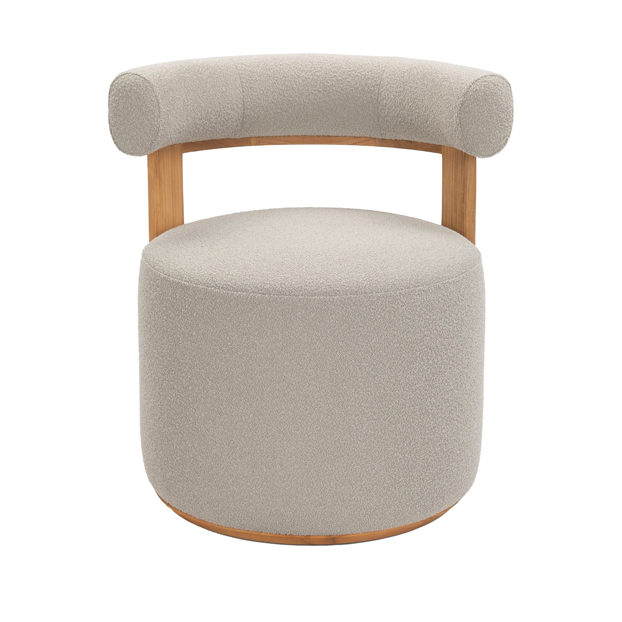Front view of Cap Ferrat teak round dining chair with teak wood frame covered in plush cushion fabric on back arm and seating.