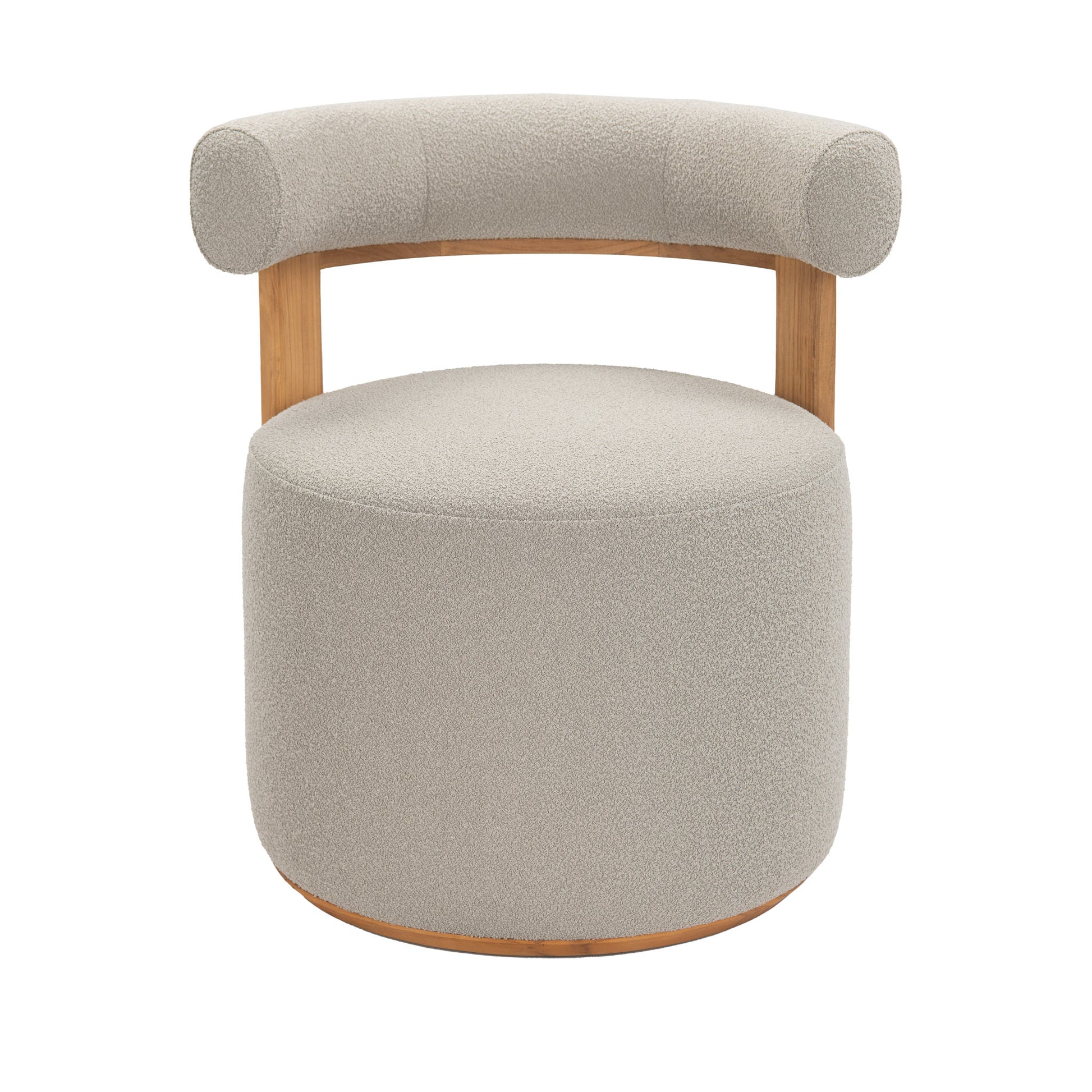 Front view of Cap Ferrat teak round dining chair with teak wood frame covered in plush cushion fabric on back arm and seating.