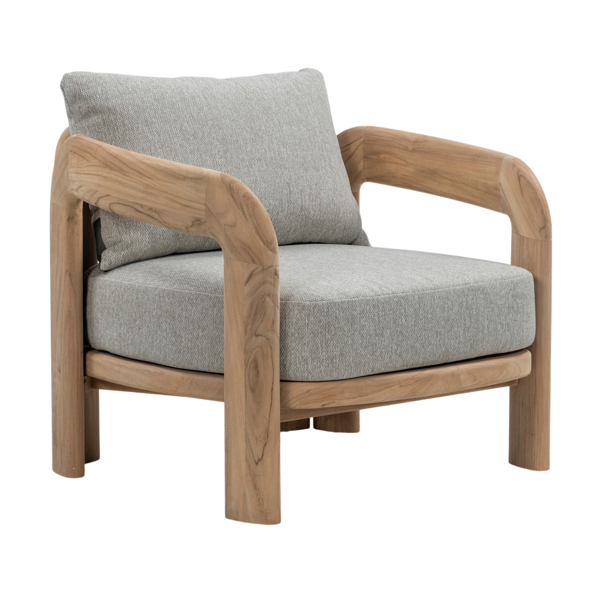 Caribbean teak outdoor lounge chair with broad curved timber armrests and grey Agora outdoor fabric cushions