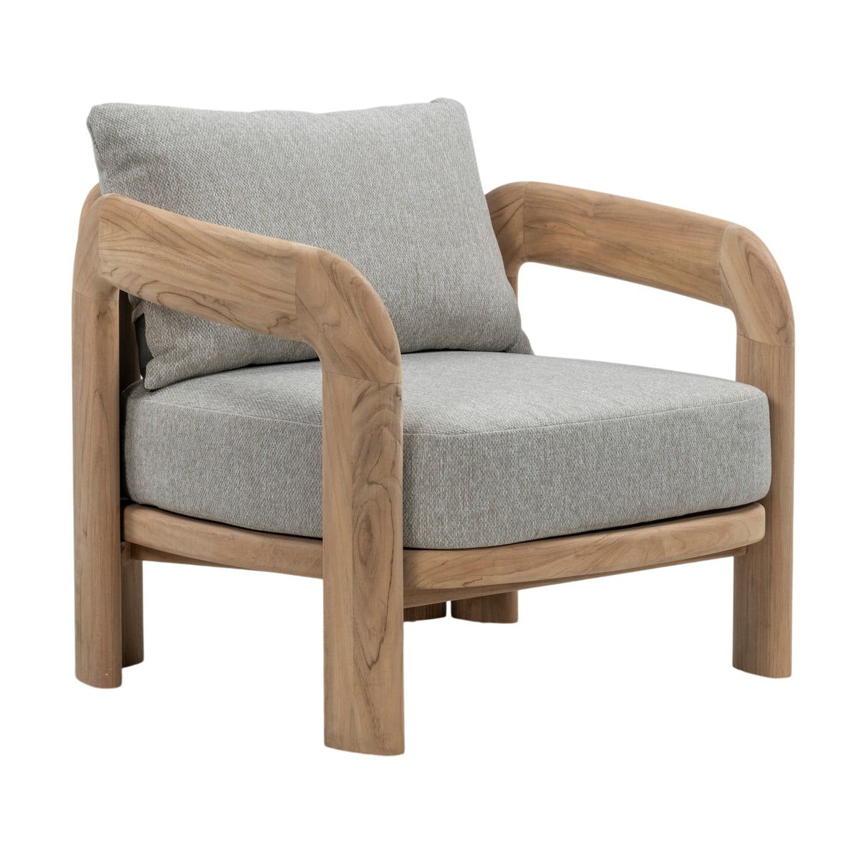 Caribbean teak outdoor lounge chair with broad curved timber armrests and grey Agora outdoor fabric cushions