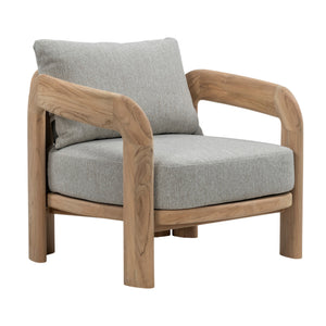 Caribbean teak outdoor lounge chair with broad curved timber armrests and grey Agora outdoor fabric cushions