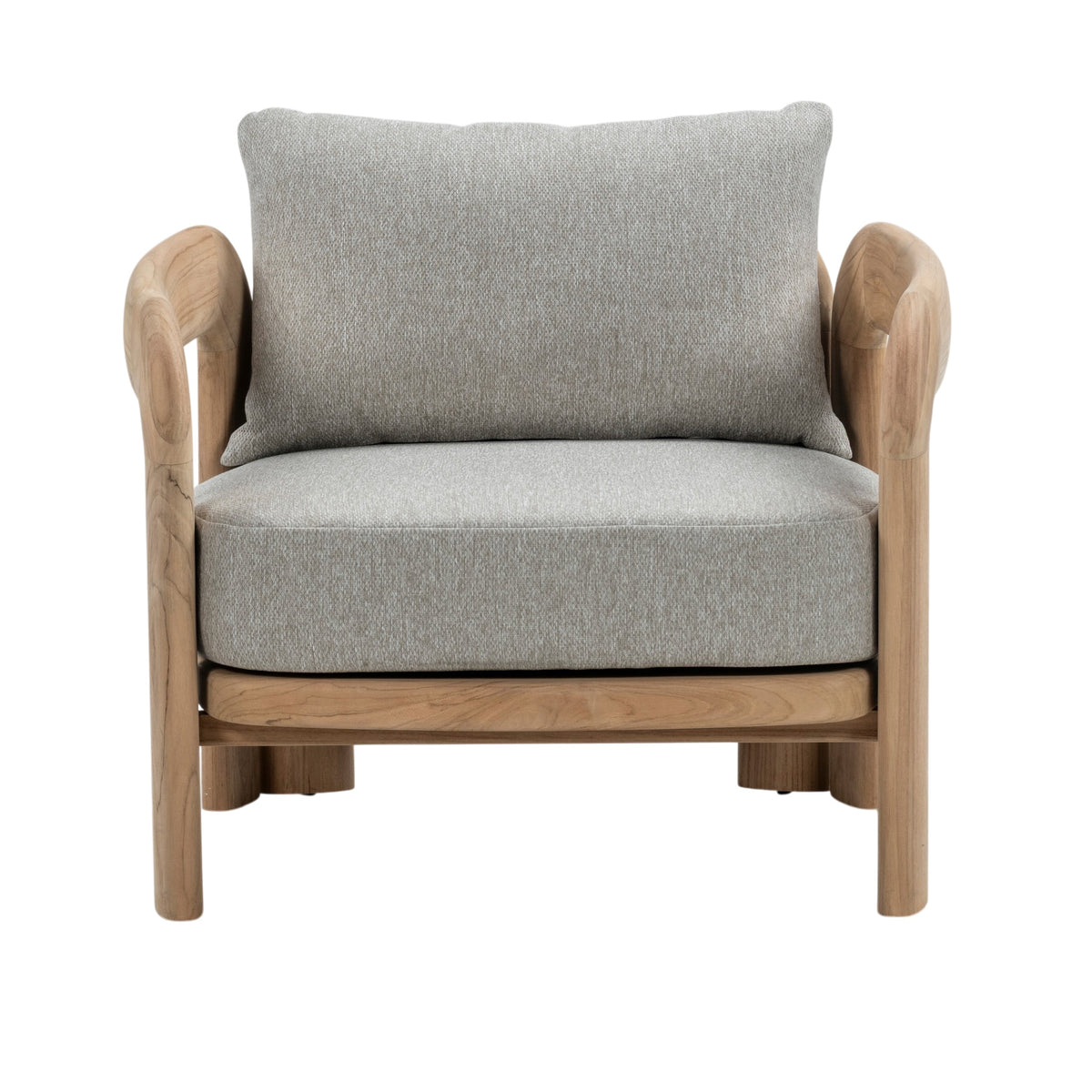 Front view of Caribbean teak outdoor lounge chair showing natural timber frame, padded grey seat cushion and large back cushion