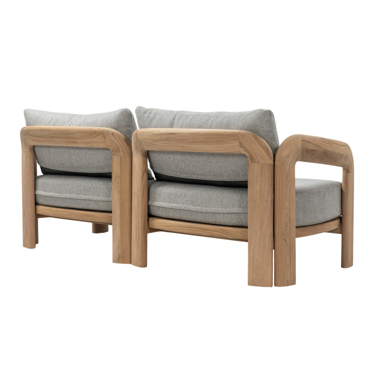 Rear angled view of Caribbean teak outdoor sofa showing natural timber frame and backrest construction