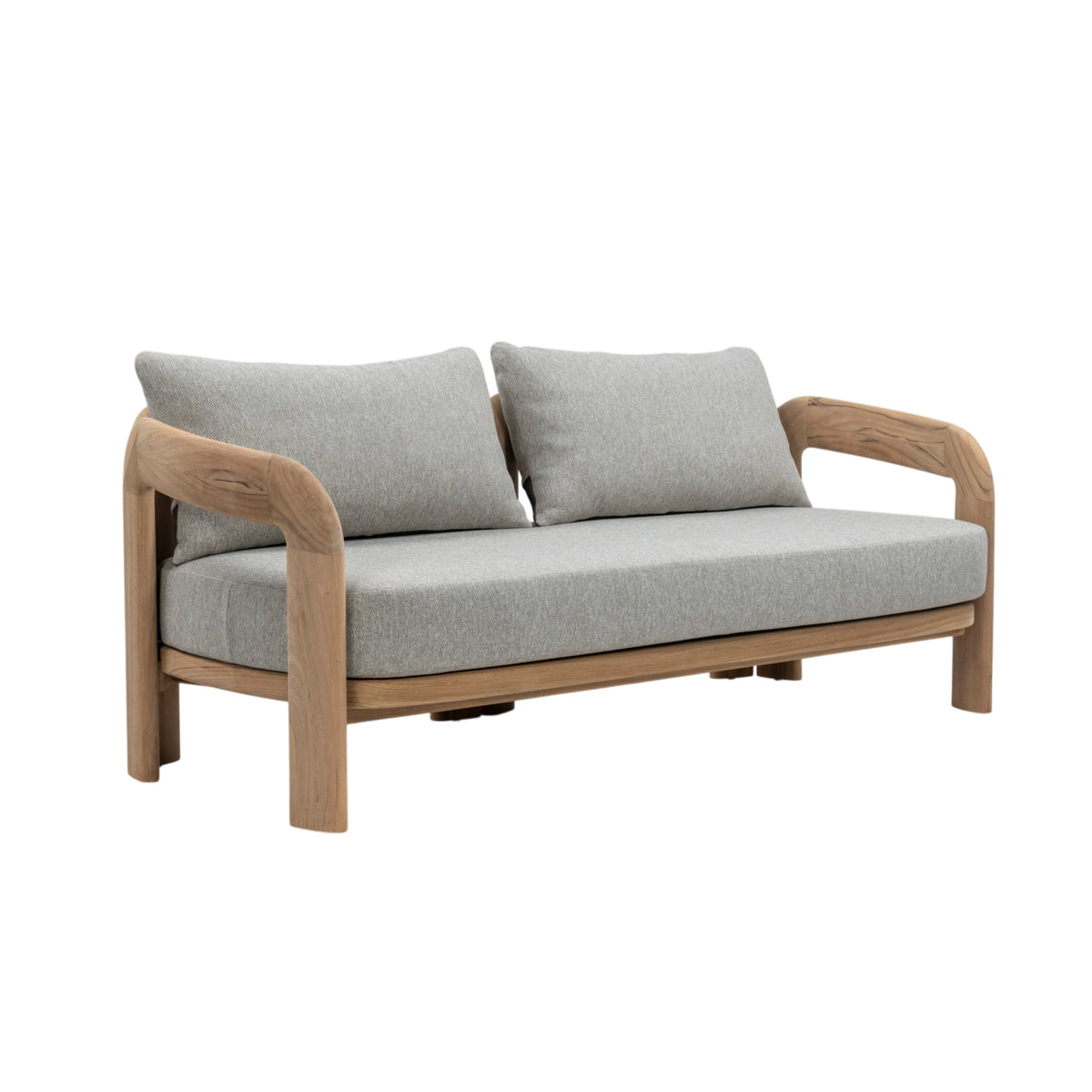 Caribbean teak outdoor two-seater sofa with curved timber armrests, grey seat cushion and two Agora outdoor fabric back cushions