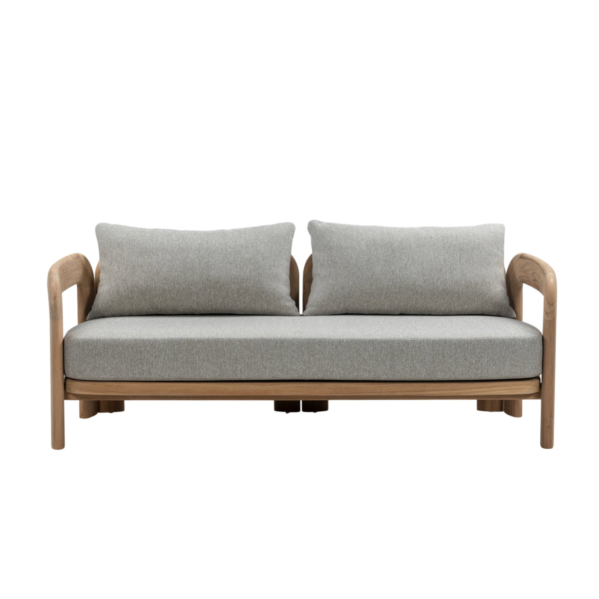 Front view of Caribbean teak outdoor sofa showing broad curved armrests, full-length grey seat cushion and two back cushions
