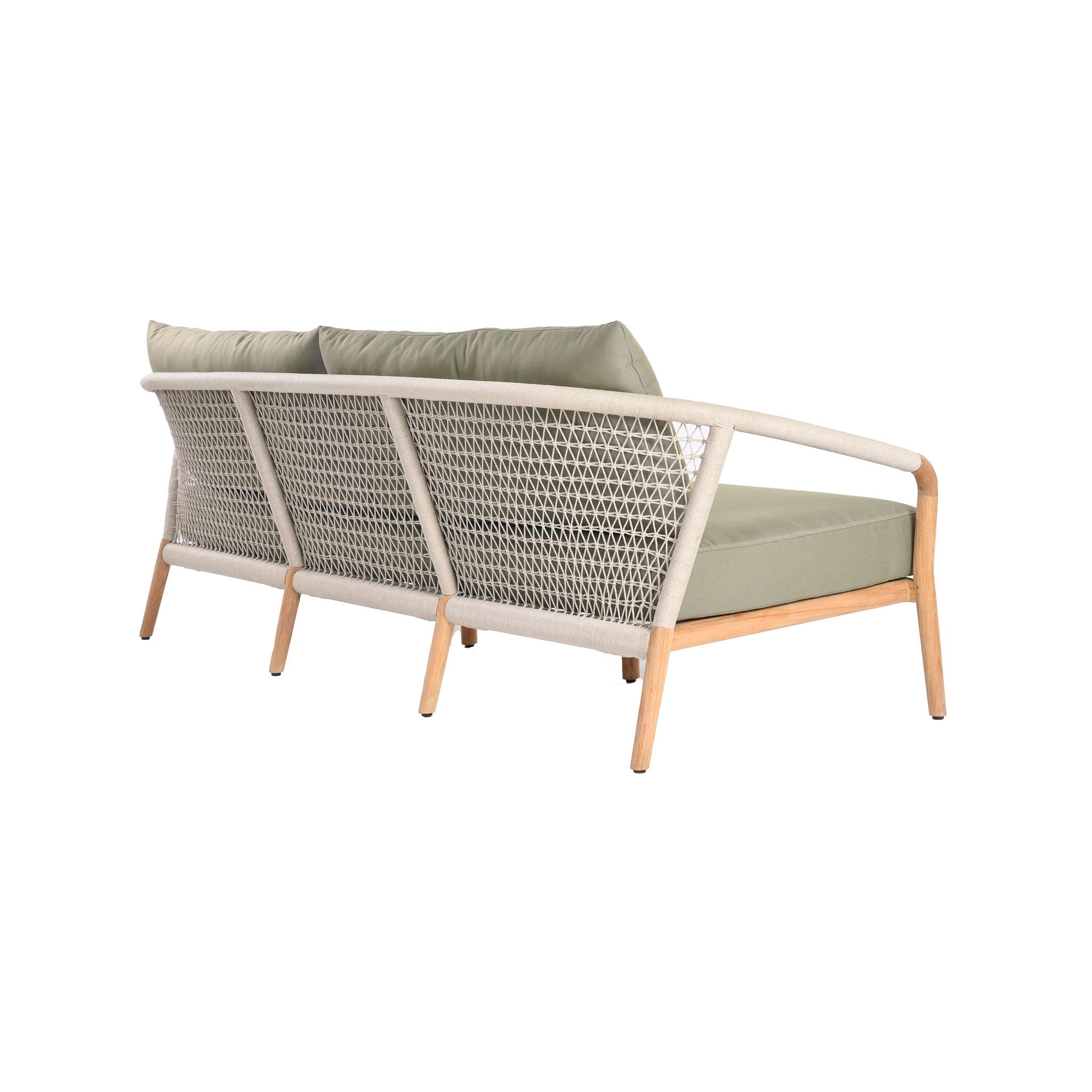 Catalina outdoor teak and rope 3-seater sofa with teak wood frame, outdoor rope weaving and deep plush seating and back cushions in light green. Rear angle view.