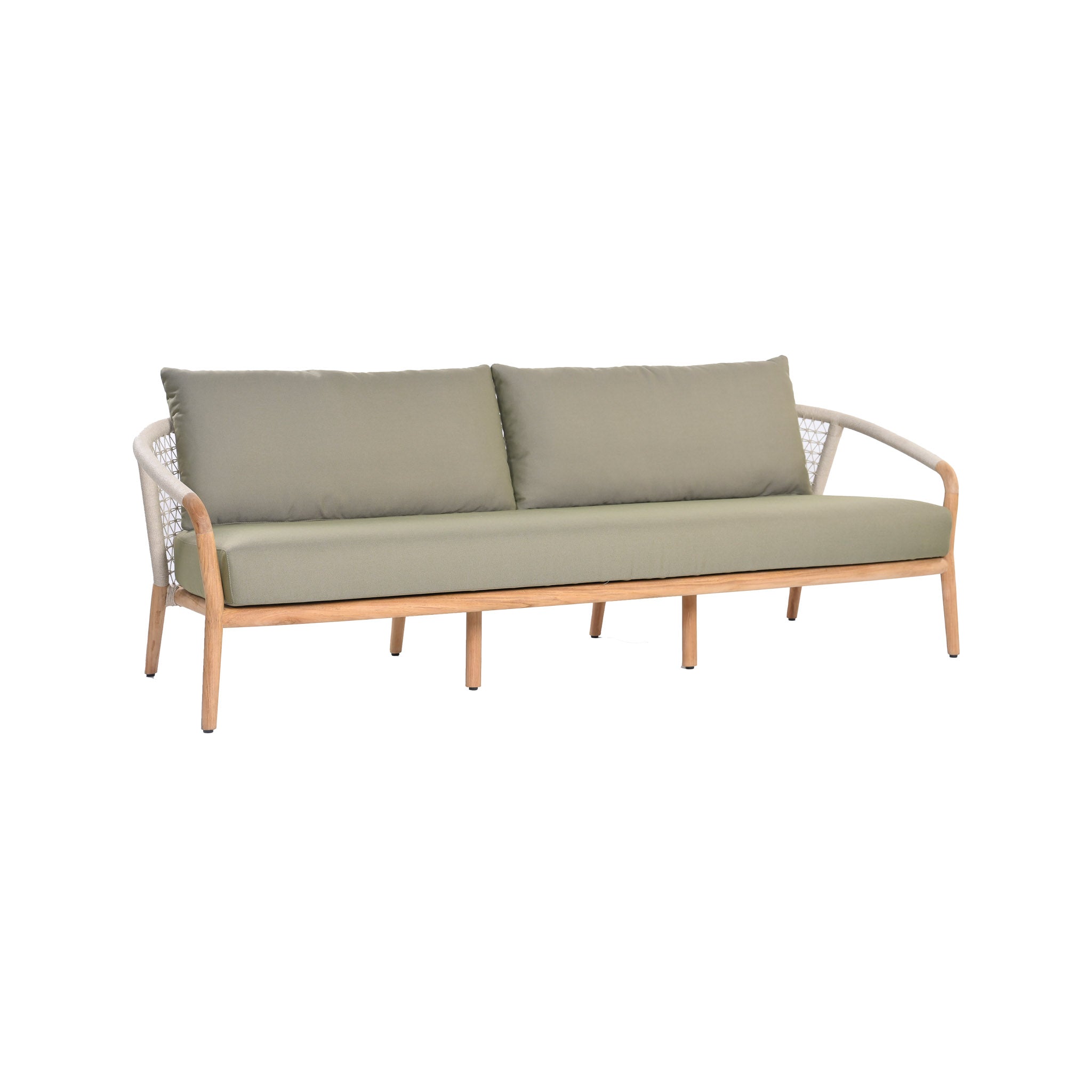 Catalina outdoor teak and rope 3-seater sofa with teak wood frame, outdoor rope weaving and deep plush seating and back cushions in light green. Front angle view.