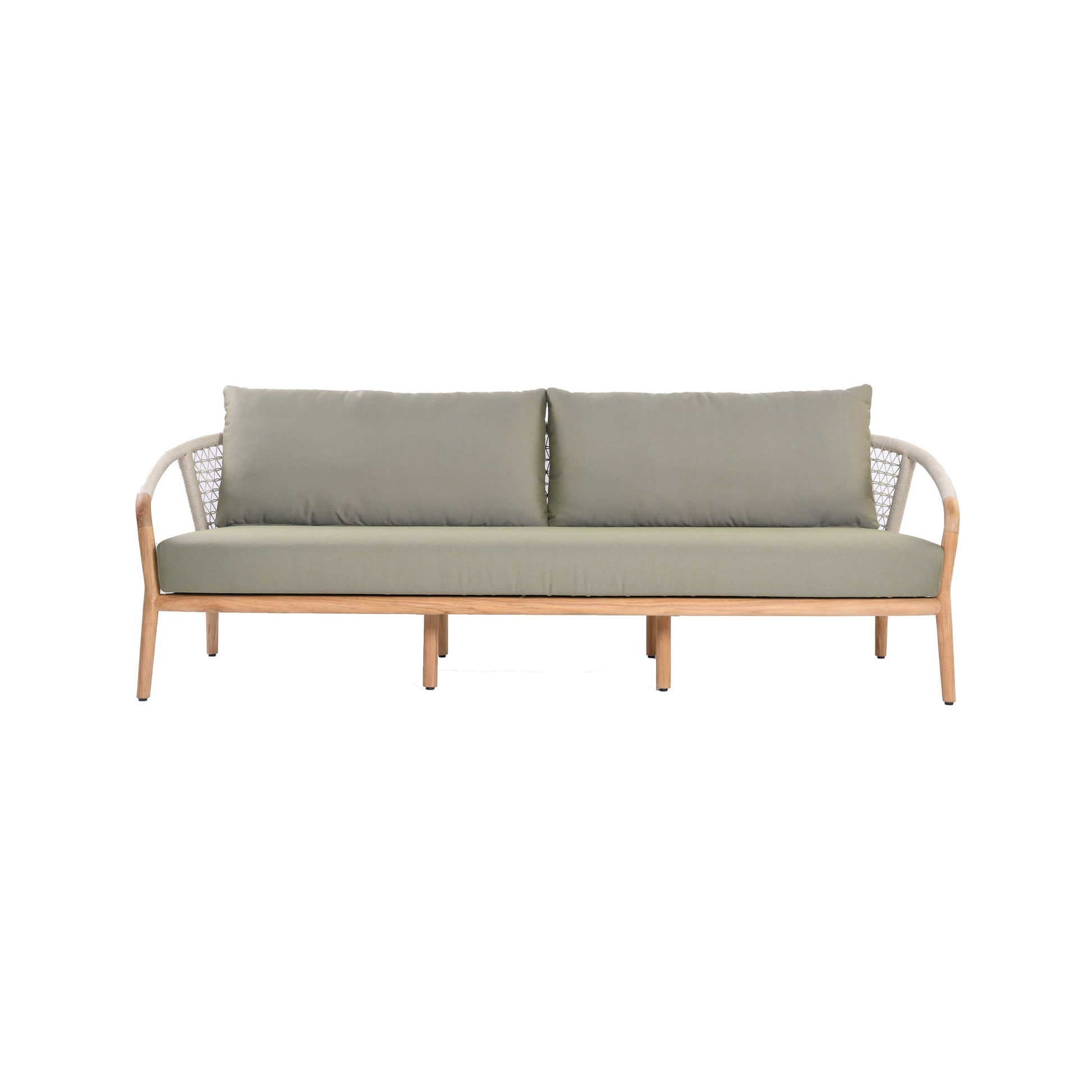 Catalina outdoor teak and rope 3-seater sofa with teak wood frame, outdoor rope weaving and deep plush seating and back cushions in light green. Front angle view.