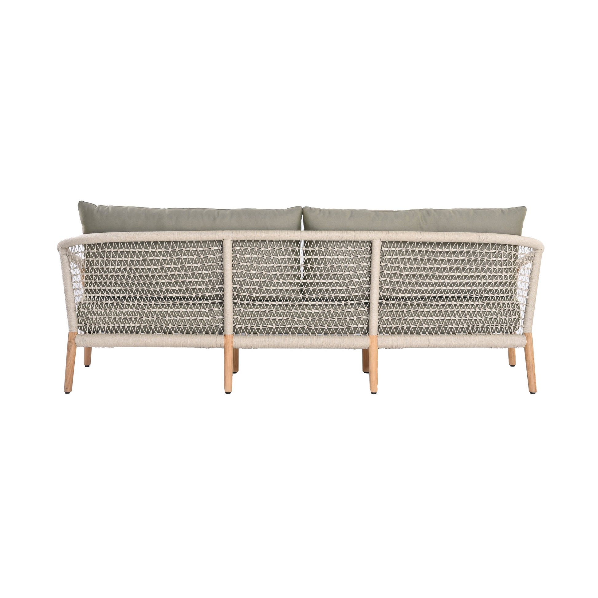 Catalina outdoor teak and rope 3-seater sofa with teak wood frame, outdoor rope weaving and deep plush seating and back cushions in light green. Rear view.