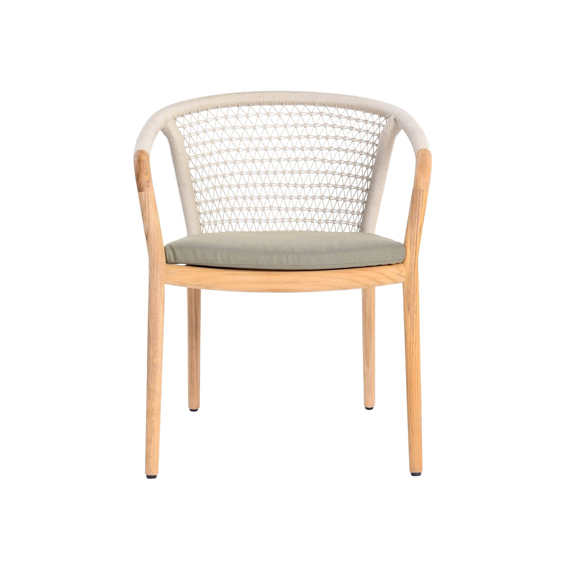 Catalina outdoor teak and rope dining armchair. Front view.