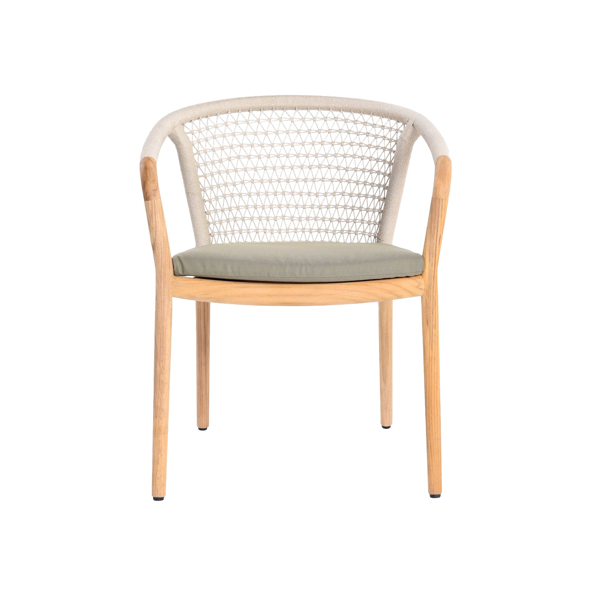 Catalina outdoor teak and rope dining armchair. Front view.