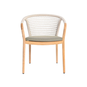 Catalina outdoor teak and rope dining armchair. Front view.