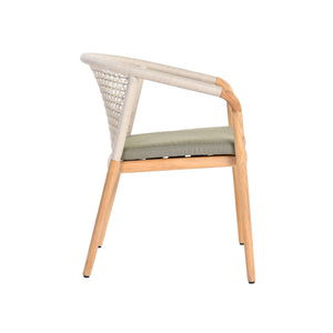 Catalina outdoor teak and rope dining armchair. Side view.