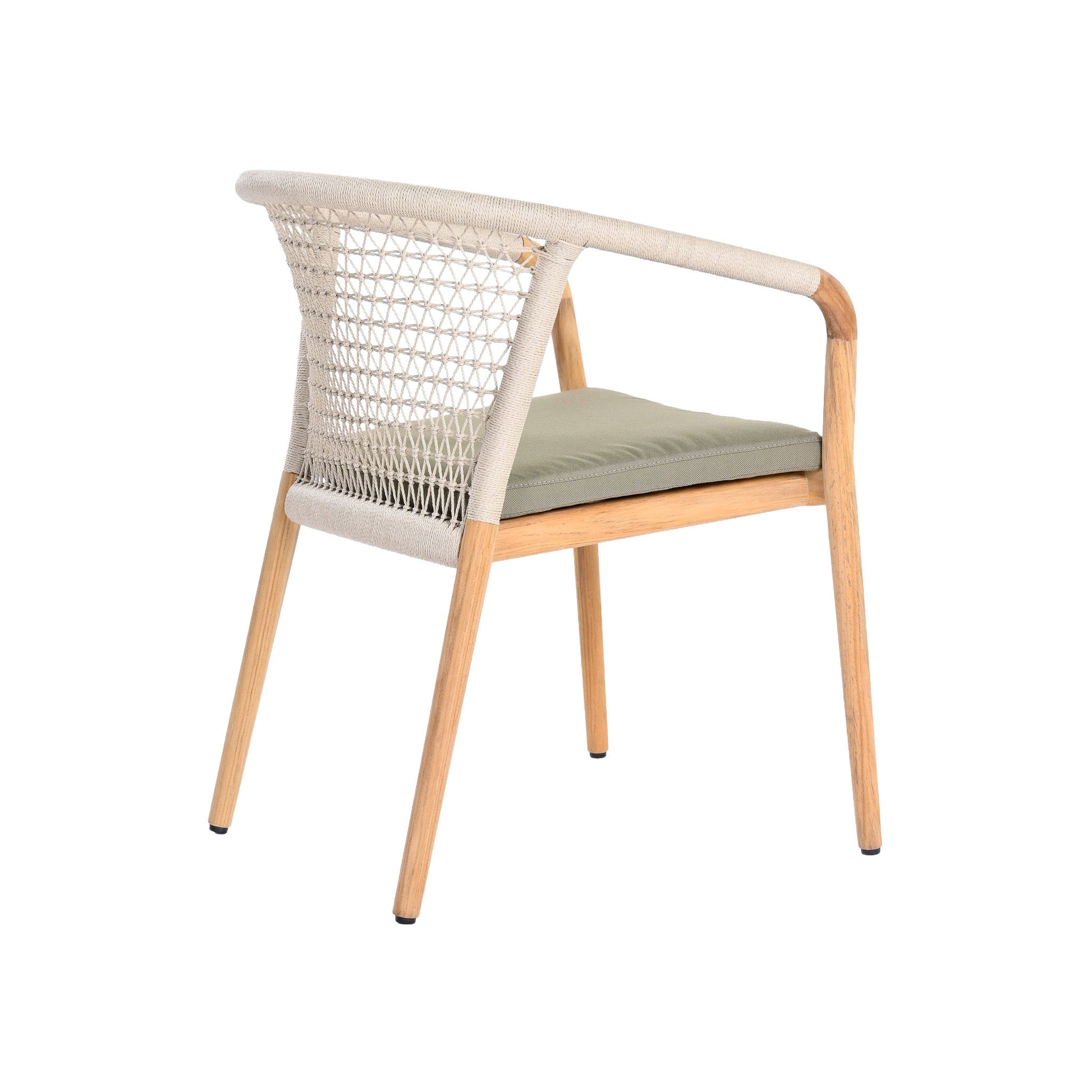 Catalina outdoor teak and rope dining armchair. Rear angle view.