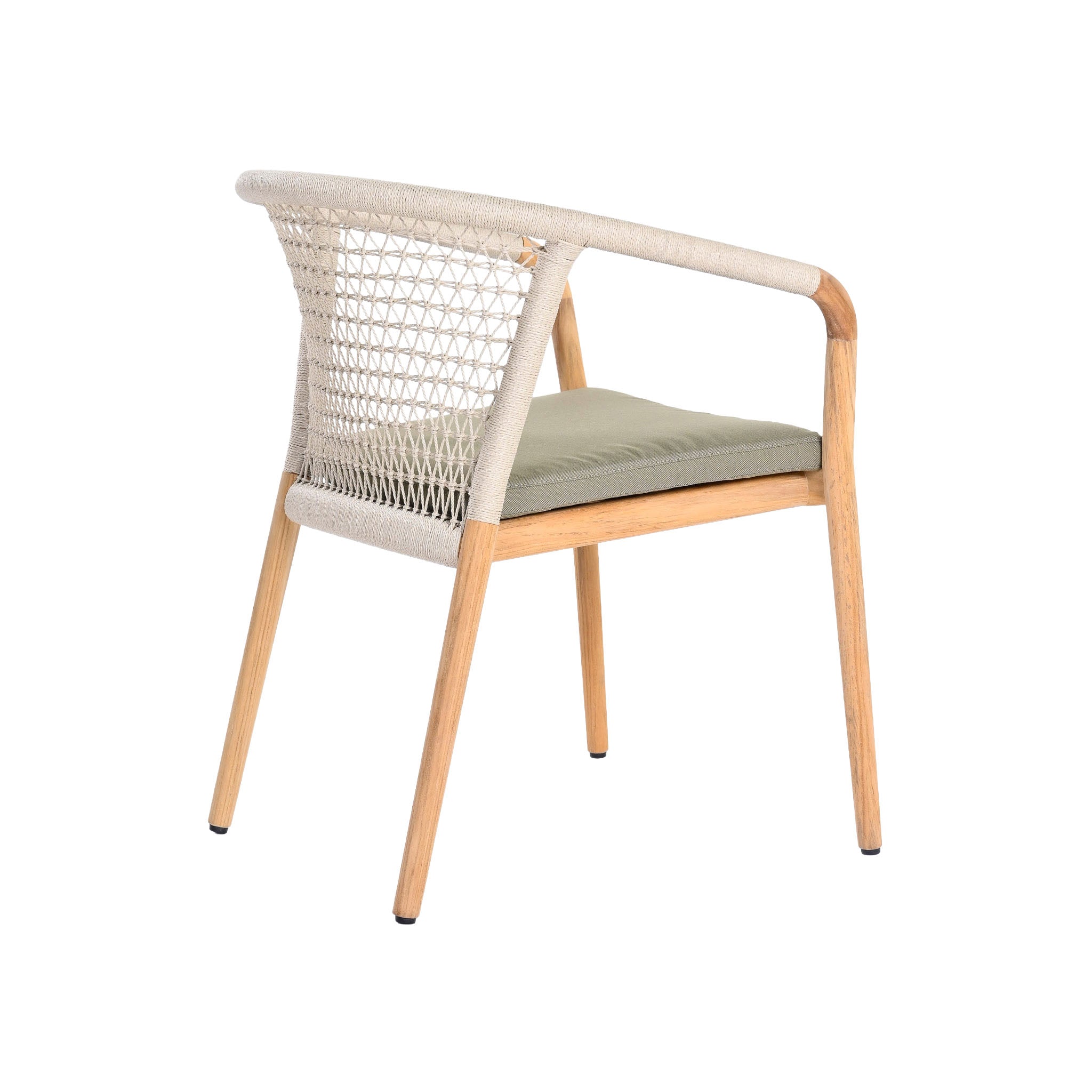 Catalina outdoor teak and rope dining armchair. Rear angle view.