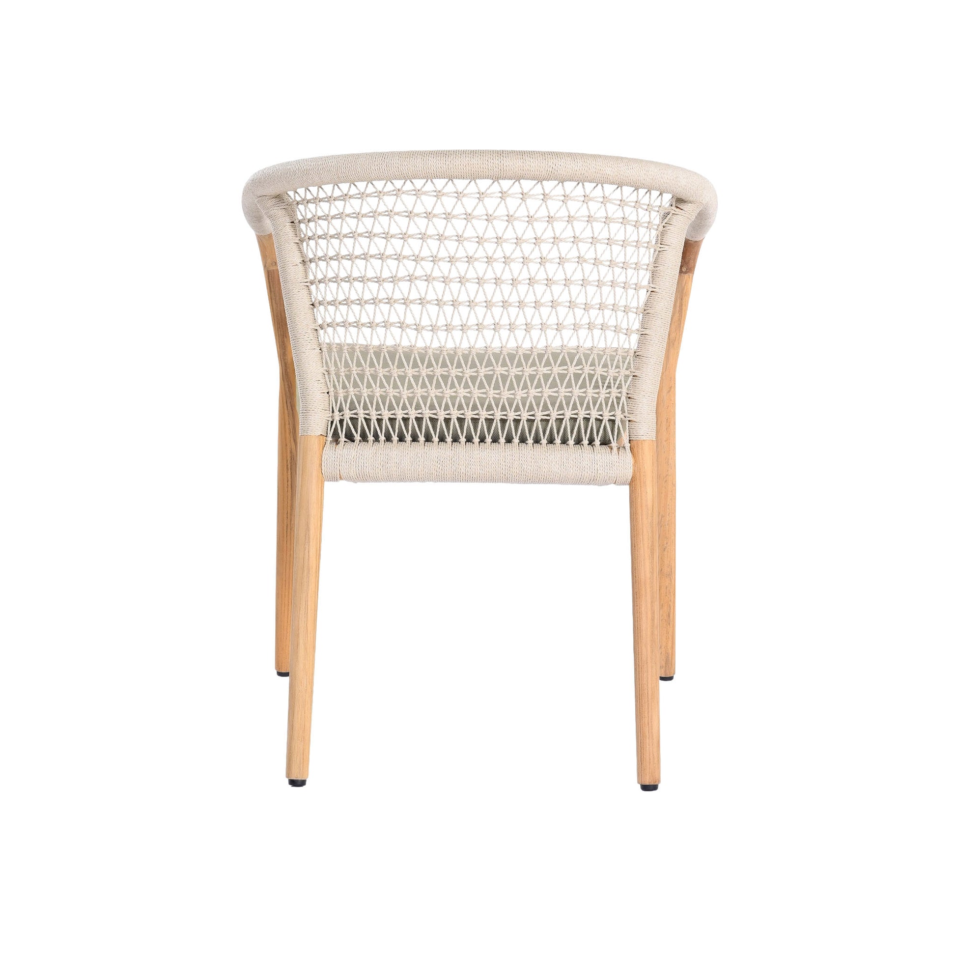 Catalina outdoor teak and rope dining armchair. Rear view.