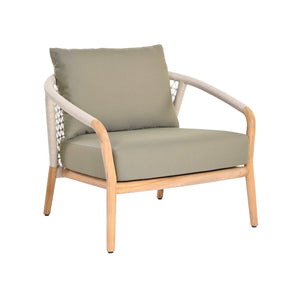 Catalina outdoor teak and rope lounge chair with teak wood frame, outdoor rope on arms and back and a plush light green seating and back cushion. Front angle view.