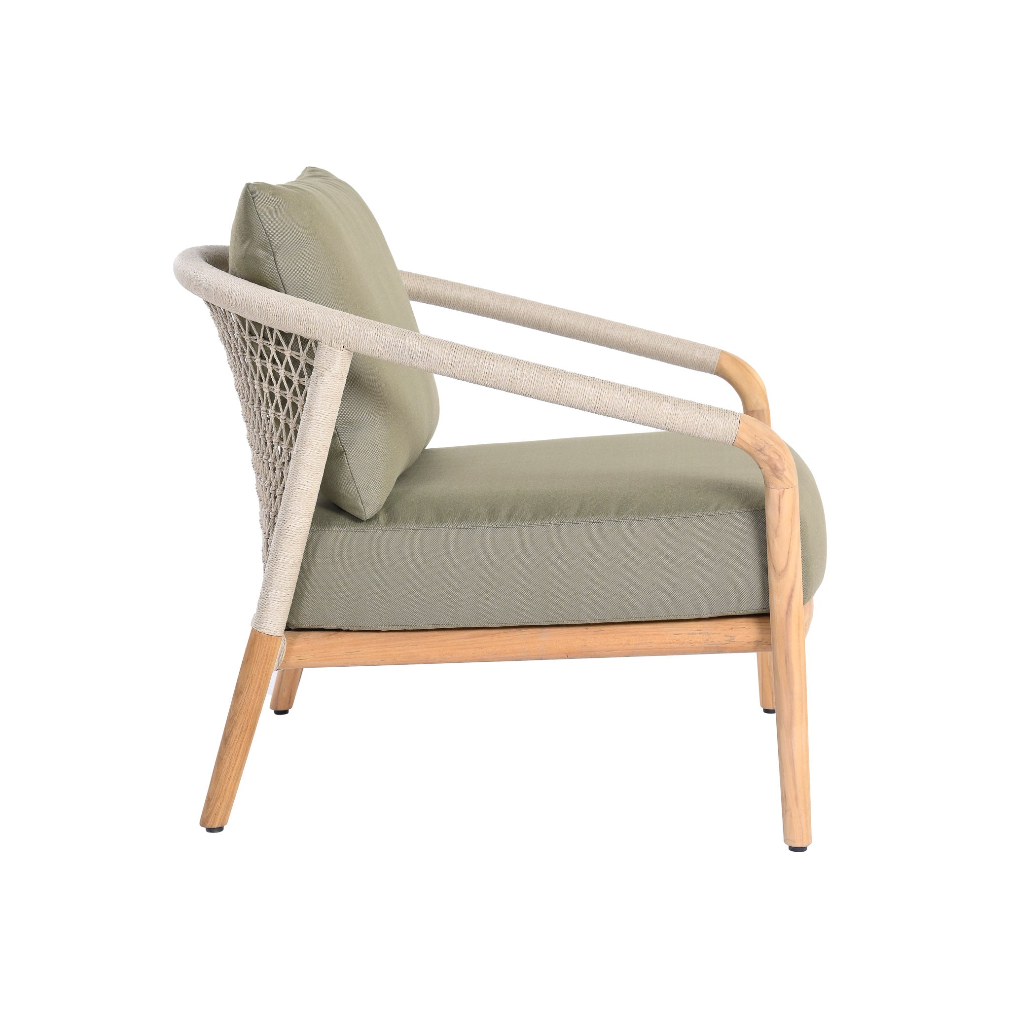 Catalina outdoor teak and rope lounge chair with teak wood frame, outdoor rope on arms and back and a plush light green seating and back cushion. Side view.