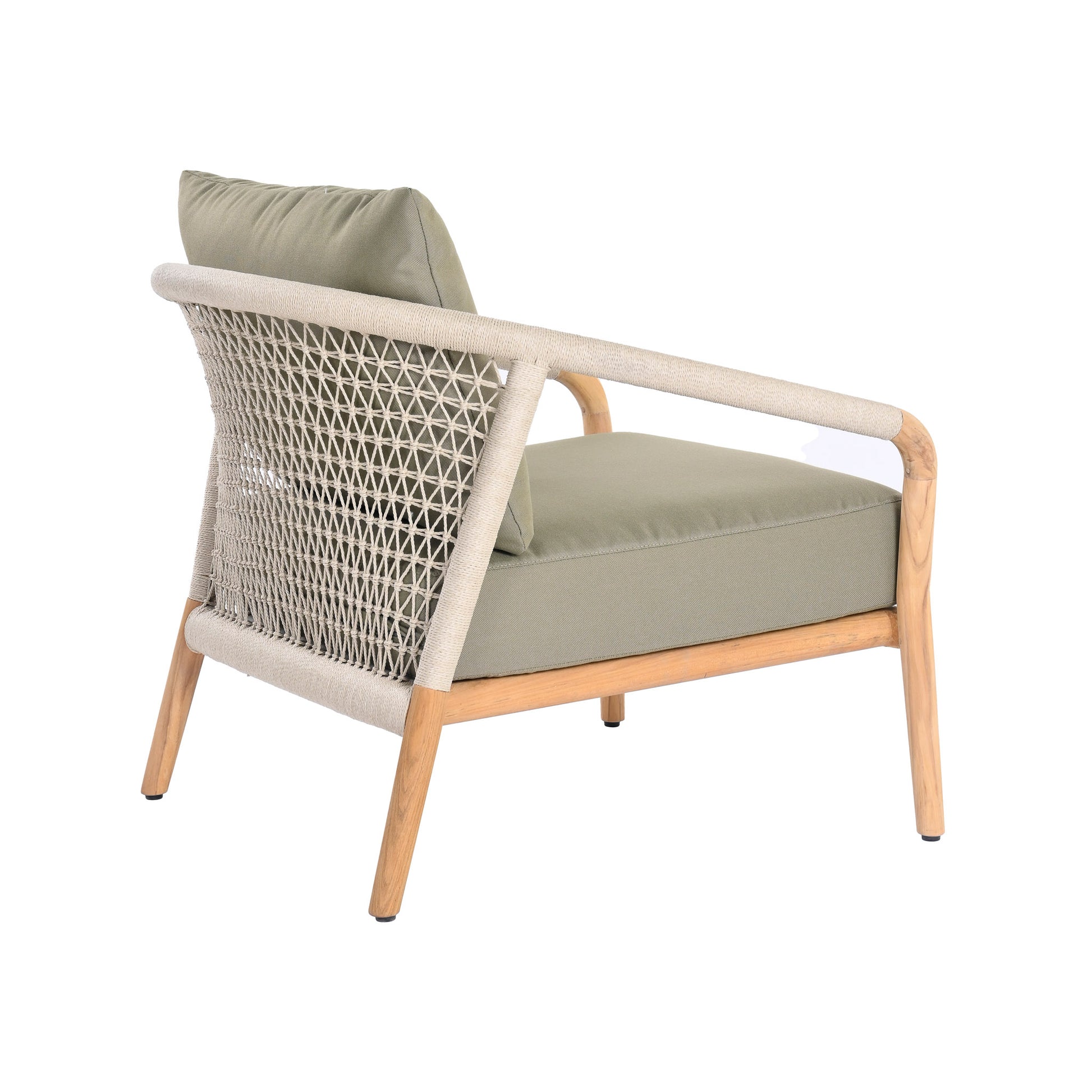 Catalina outdoor teak and rope lounge chair with teak wood frame, outdoor rope on arms and back and a plush light green seating and back cushion. Rear angle view.