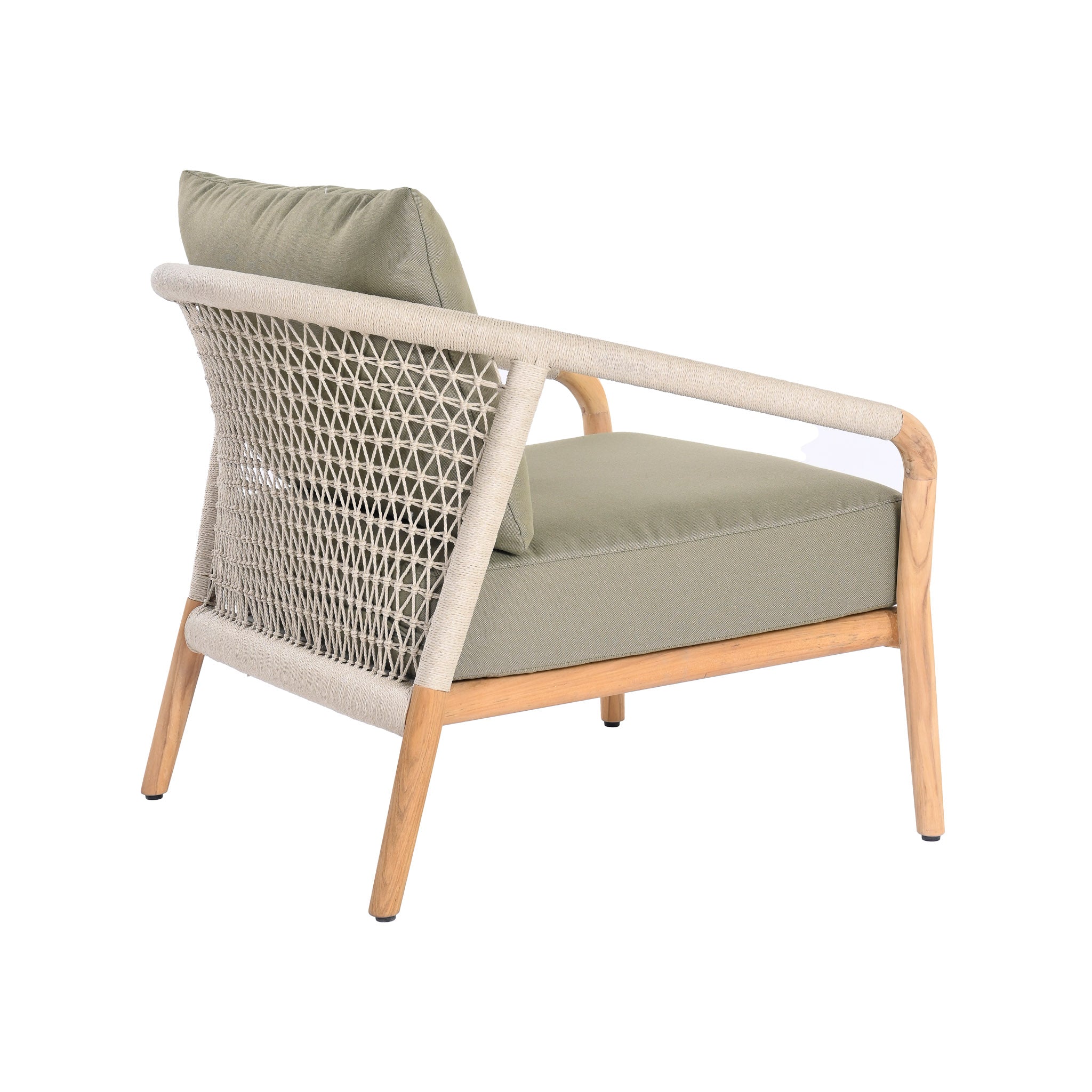Catalina outdoor teak and rope lounge chair with teak wood frame, outdoor rope on arms and back and a plush light green seating and back cushion. Rear angle view.