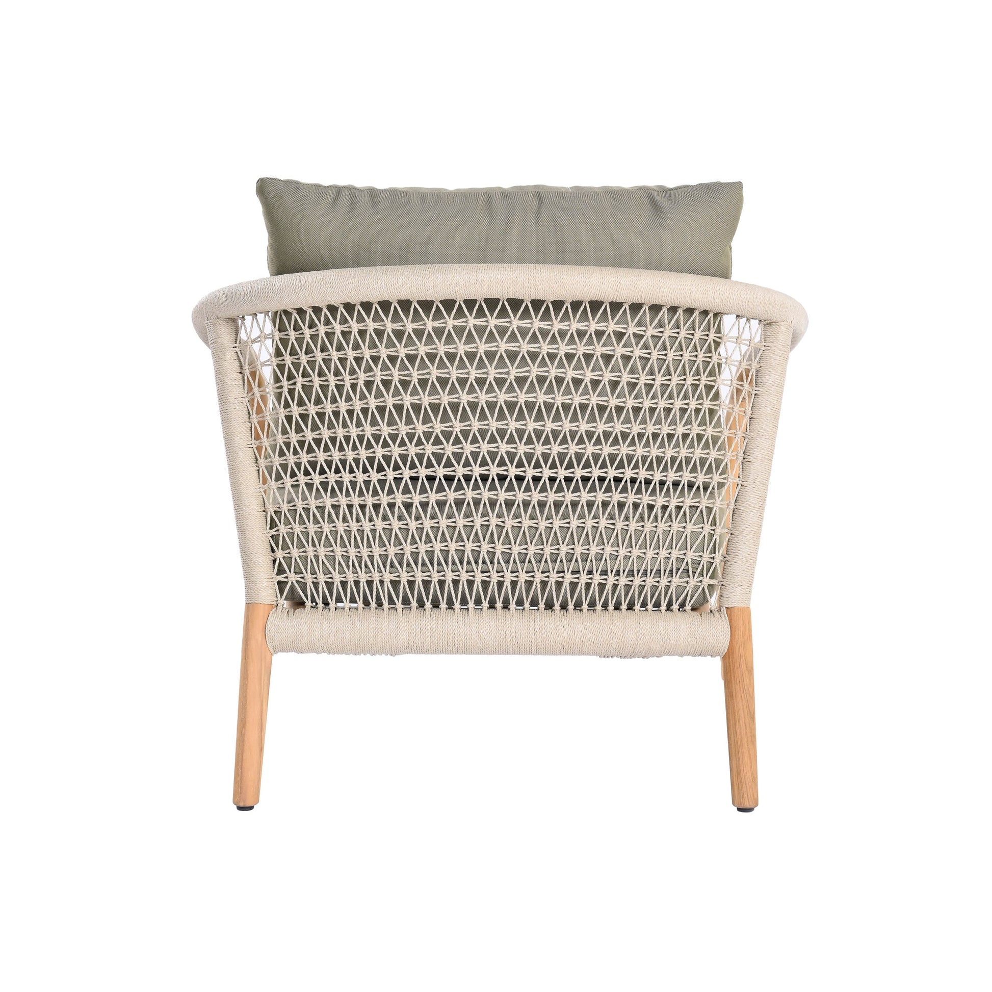 Catalina outdoor teak and rope lounge chair with teak wood frame, outdoor rope on arms and back and a plush light green seating and back cushion. Rear view.