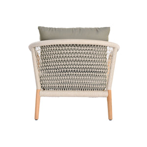 Catalina outdoor teak and rope lounge chair with teak wood frame, outdoor rope on arms and back and a plush light green seating and back cushion. Rear view.