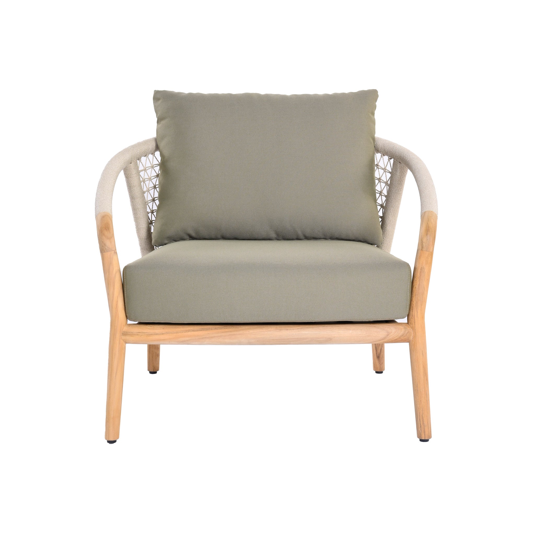 Catalina outdoor teak and rope lounge chair with teak wood frame, outdoor rope on arms and back and a plush light green seating and back cushion. Front view.