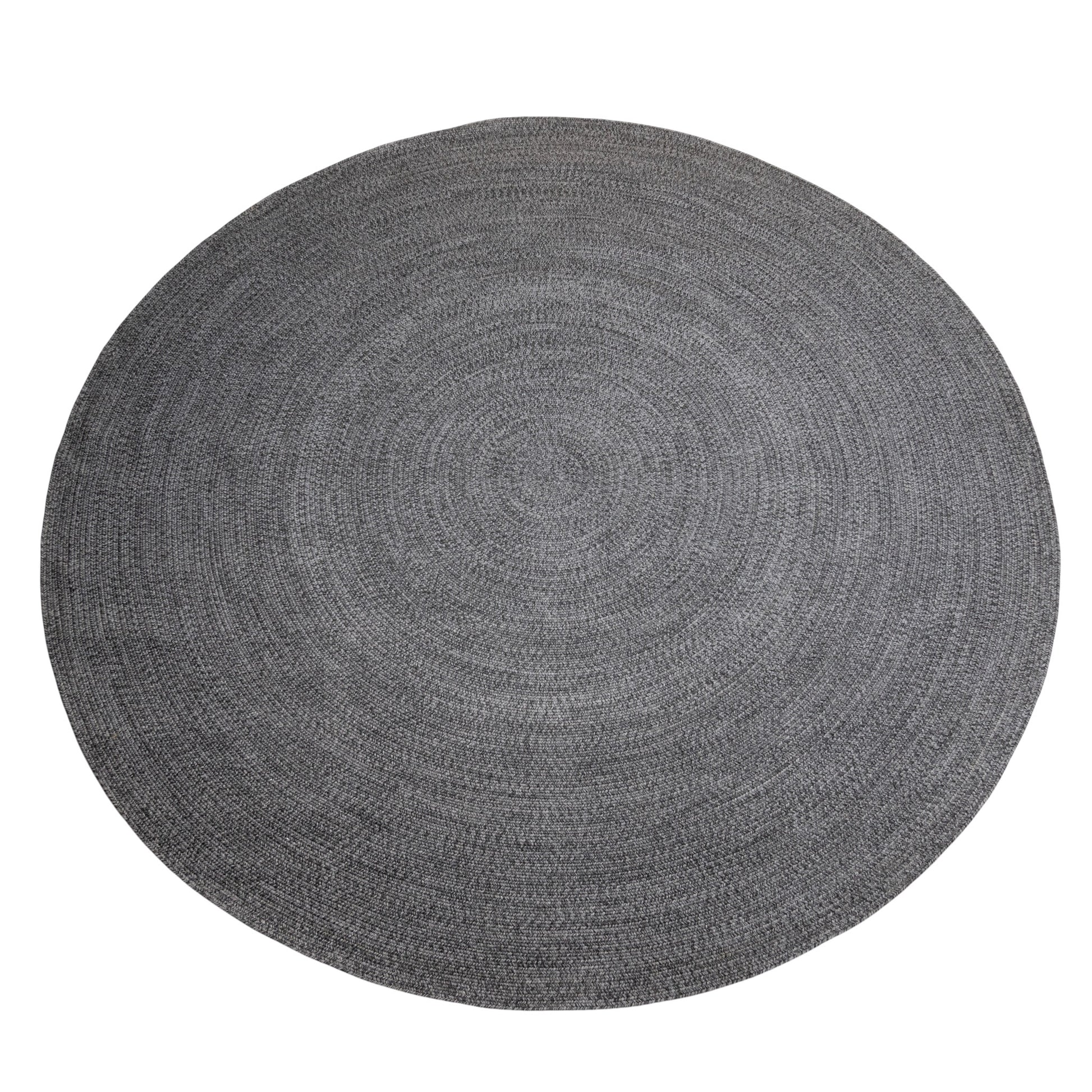 Cirra outdoor round handwoven lloor rug in dark grey. Full view with white background