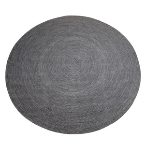 Cirra outdoor round handwoven lloor rug in dark grey. Full view with white background