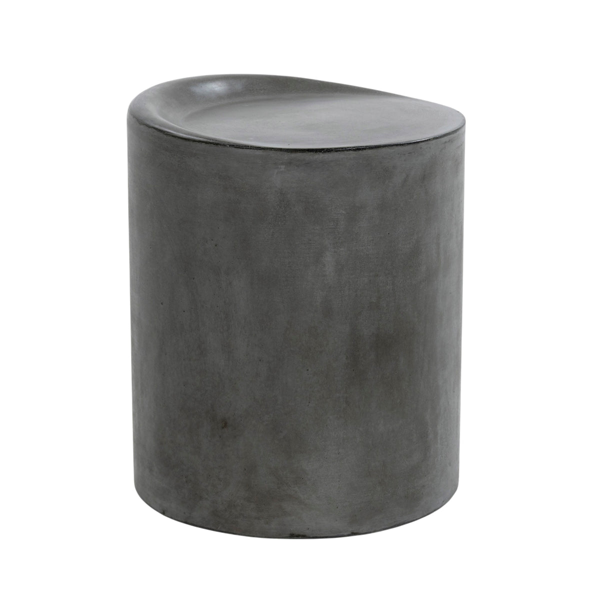A dark gray concrete stool with a rounded, organic-shaped top, shown against a plain white background.