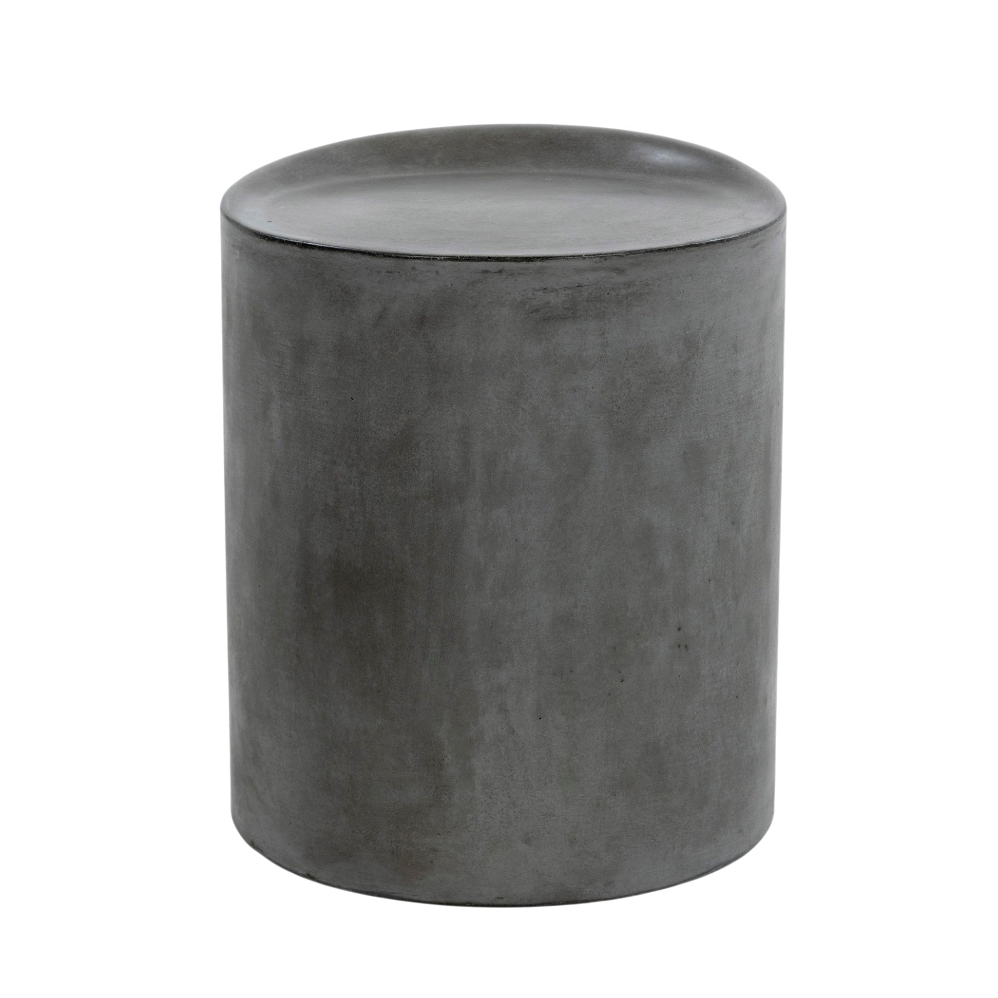A dark gray concrete cylindrical side table or stool with a smooth, matte textured finish, shown against a plain white background.
